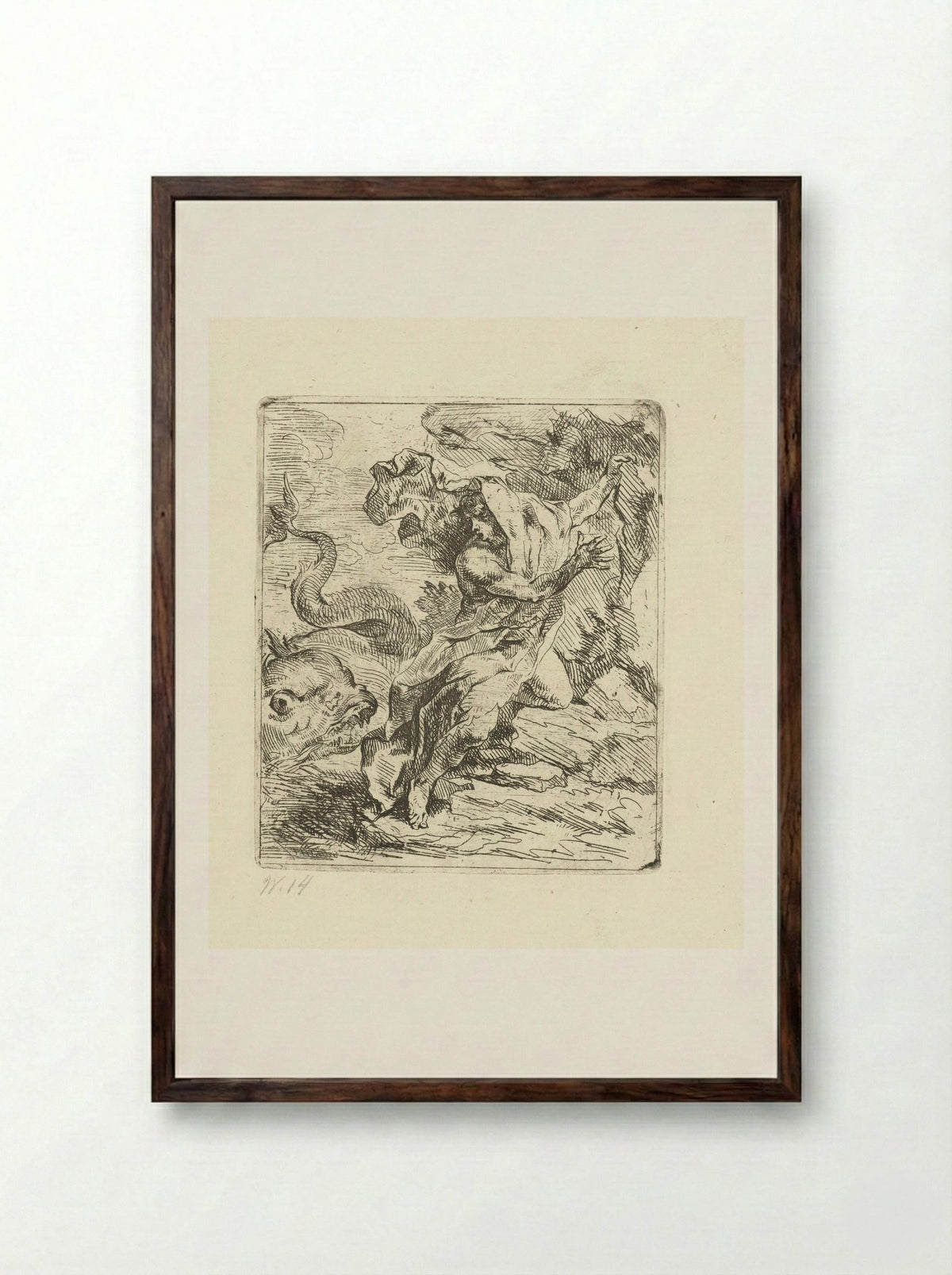 Young Man on the Coast Fleeing a Sea Monster - Louis de Deyster - Framed Print Dark Wood