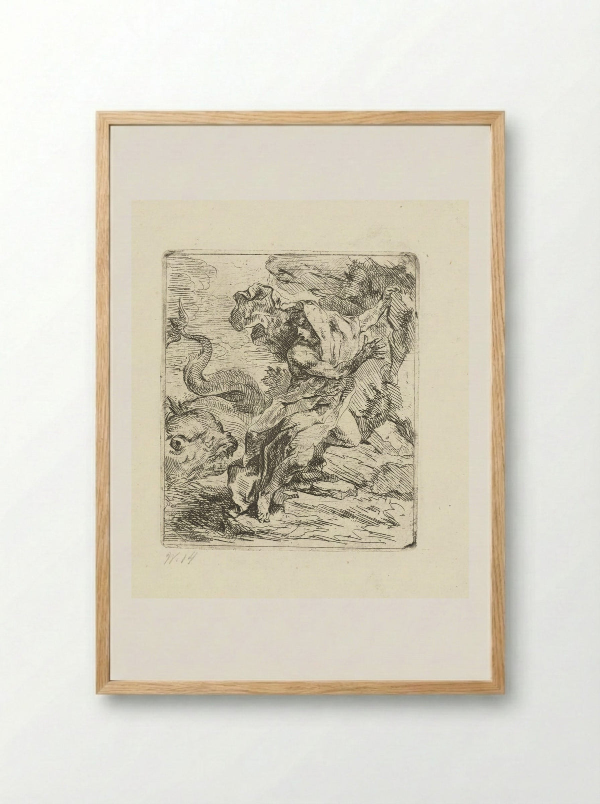 Young Man on the Coast Fleeing a Sea Monster - Louis de Deyster - Framed Print Wood