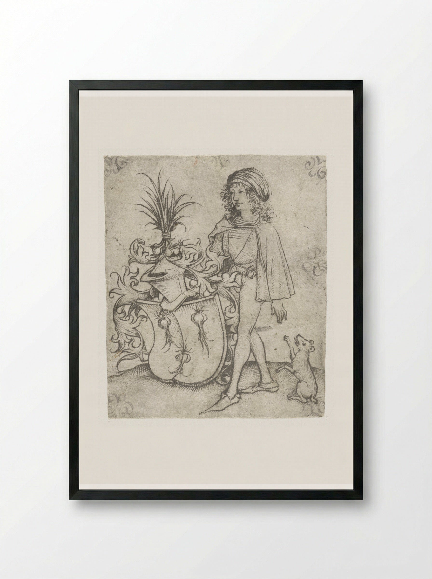 Young Man with Garlic on his Coat of Arms - Meester van het Amsterdamse Kabinet - Framed Print Black
