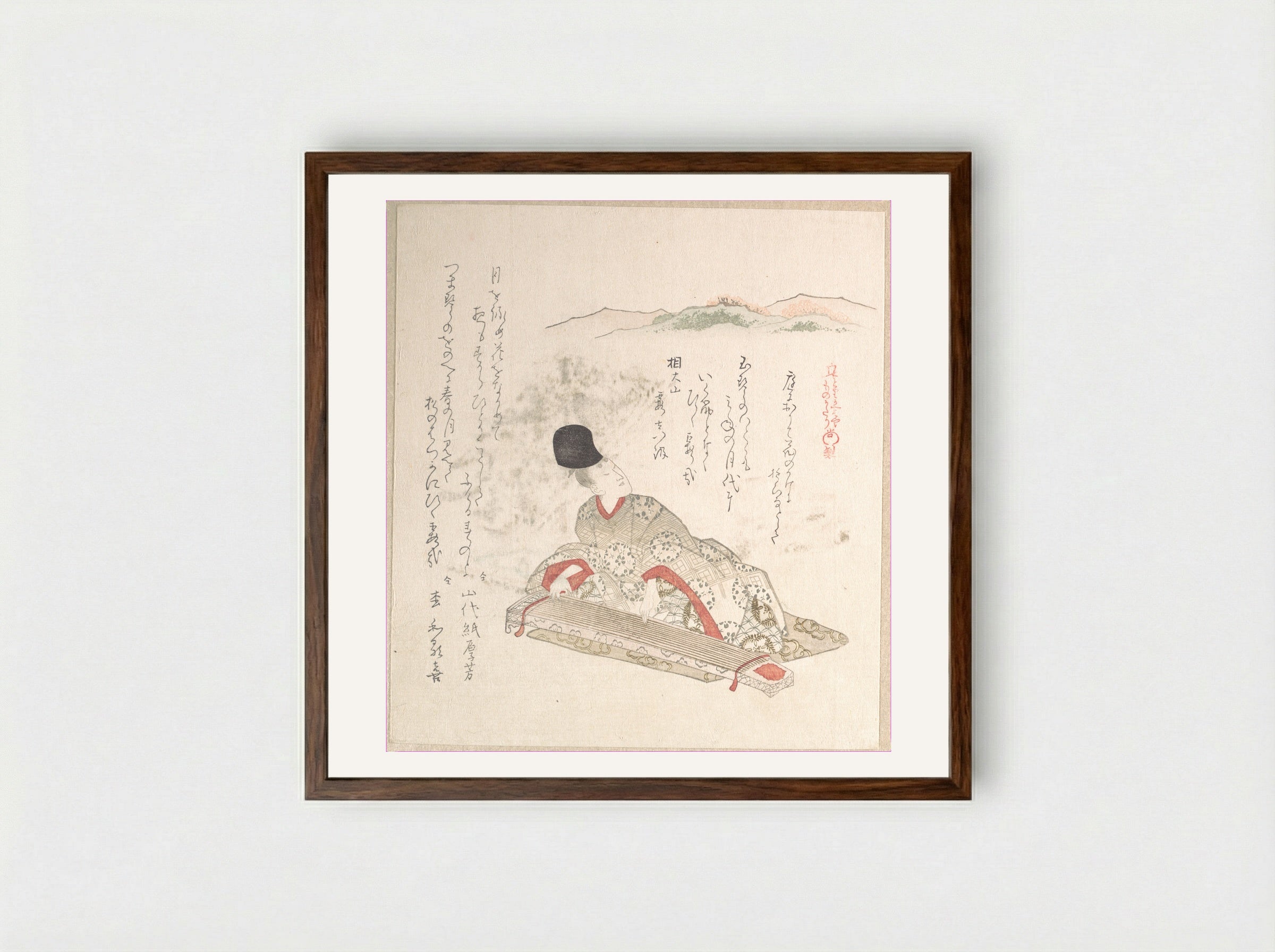Young Nobleman Playing Koto - Kubo Shunman - Framed Print Dark Wood