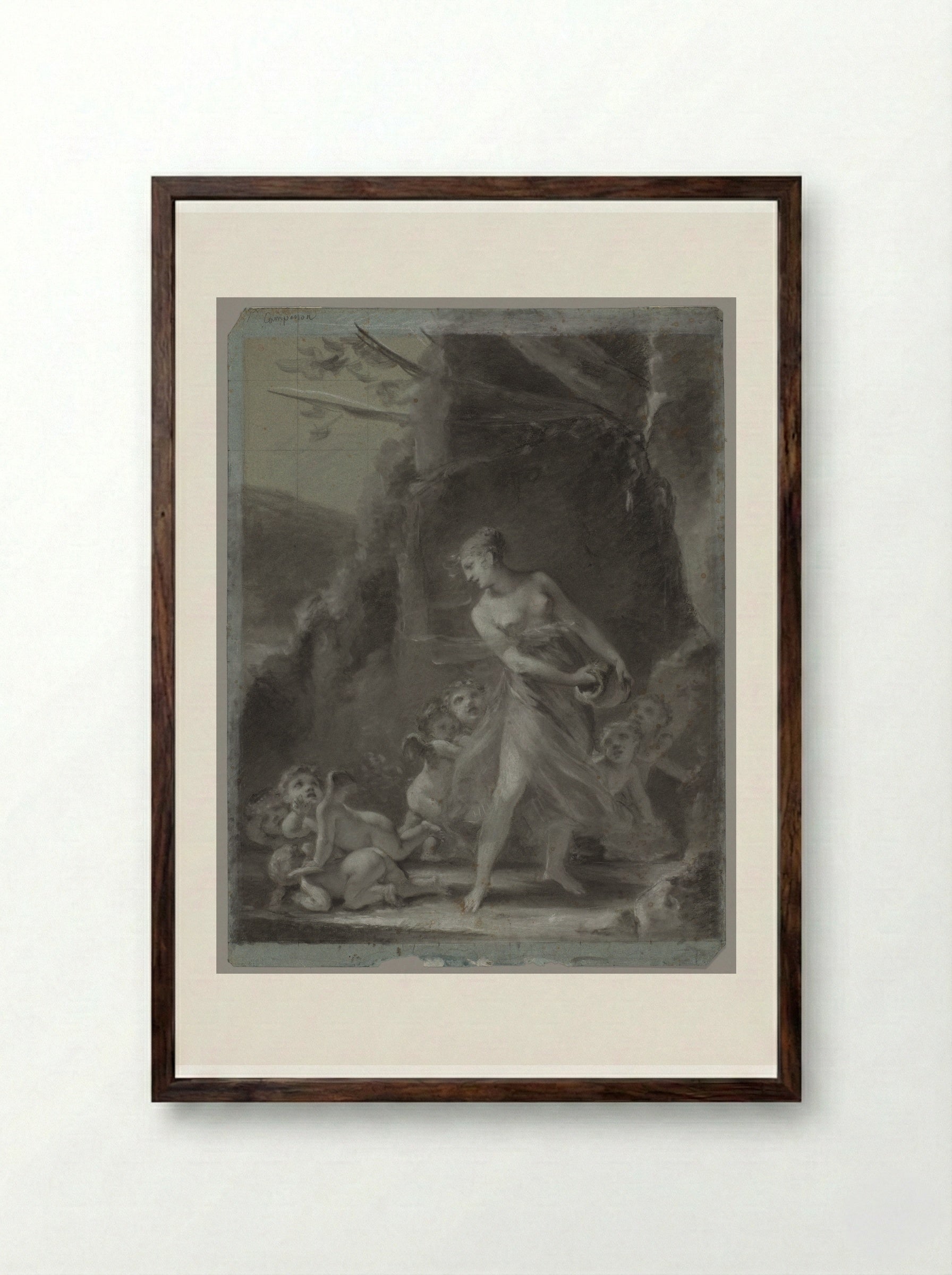 Young Nymph Teased by Cupids - Pierre-Paul Prud'hon - Framed Print Dark Wood