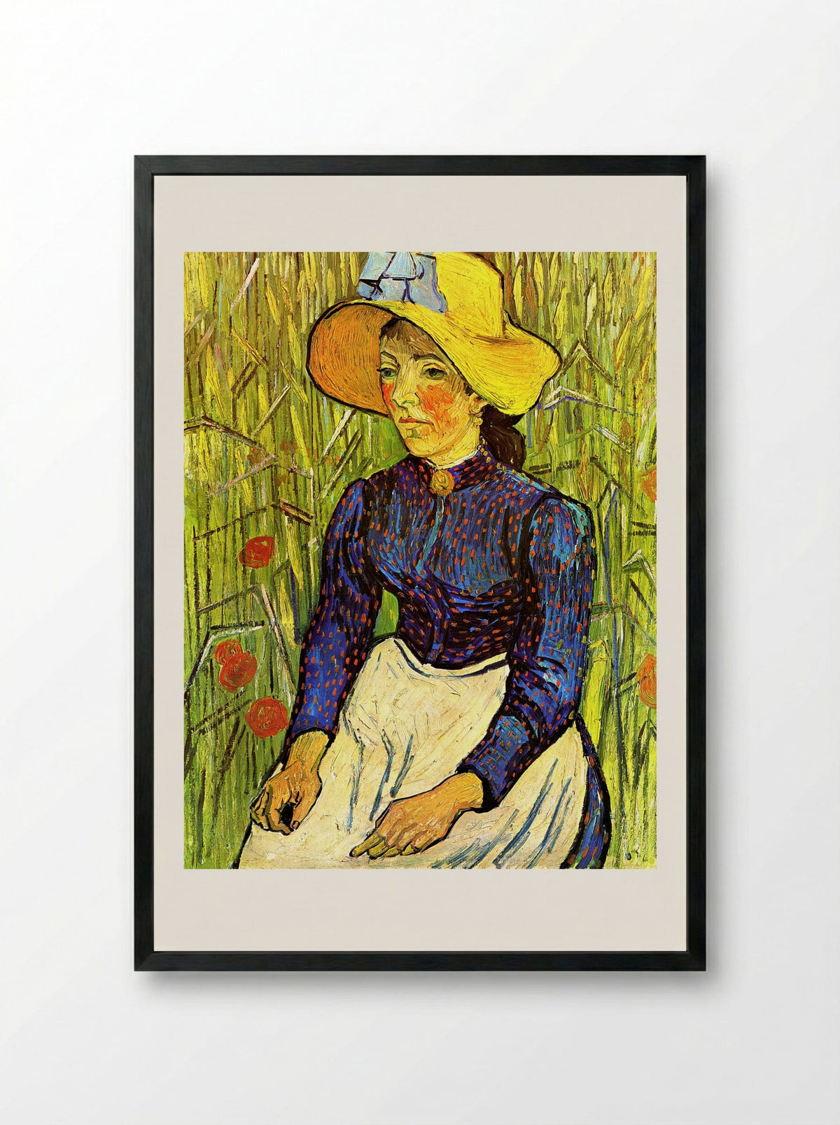 Young Peasant Woman with Straw Hat Sitting in Wheat - Vincent van Gogh - Framed Print Black