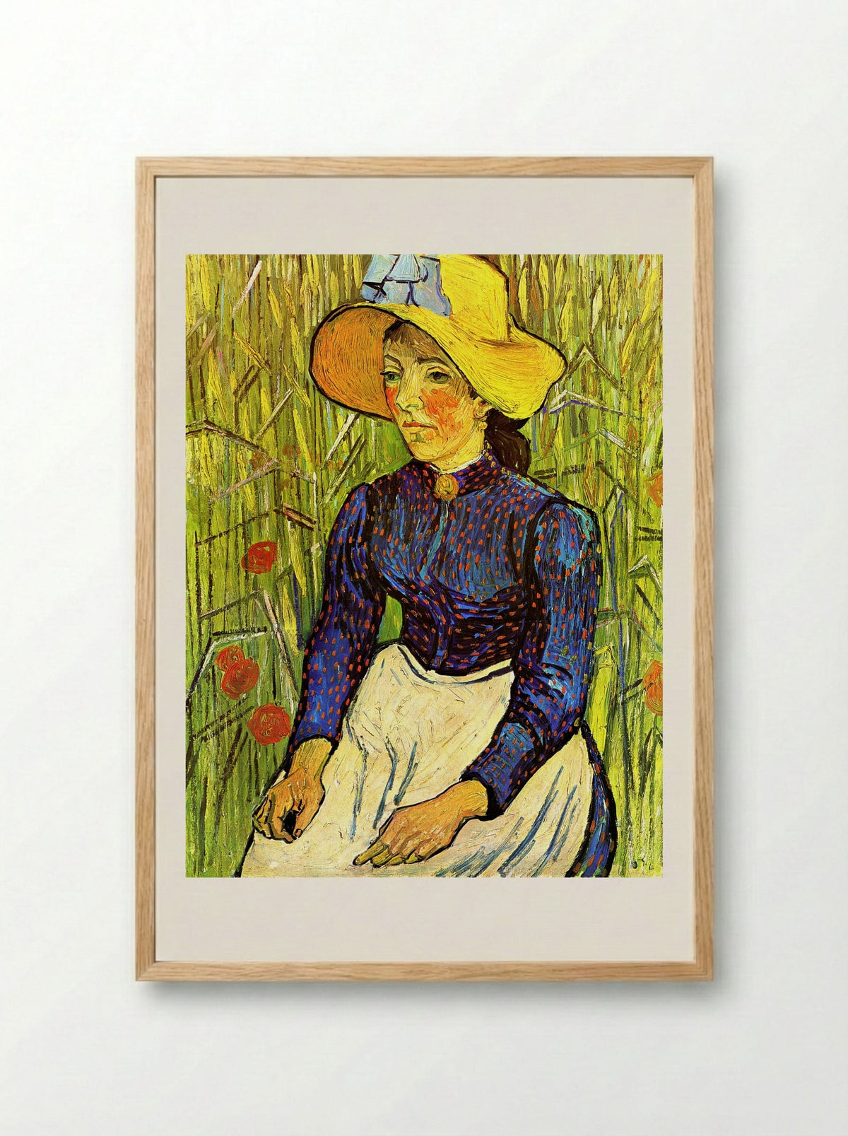 Young Peasant Woman with Straw Hat Sitting in Wheat - Vincent van Gogh - Framed Print Wood