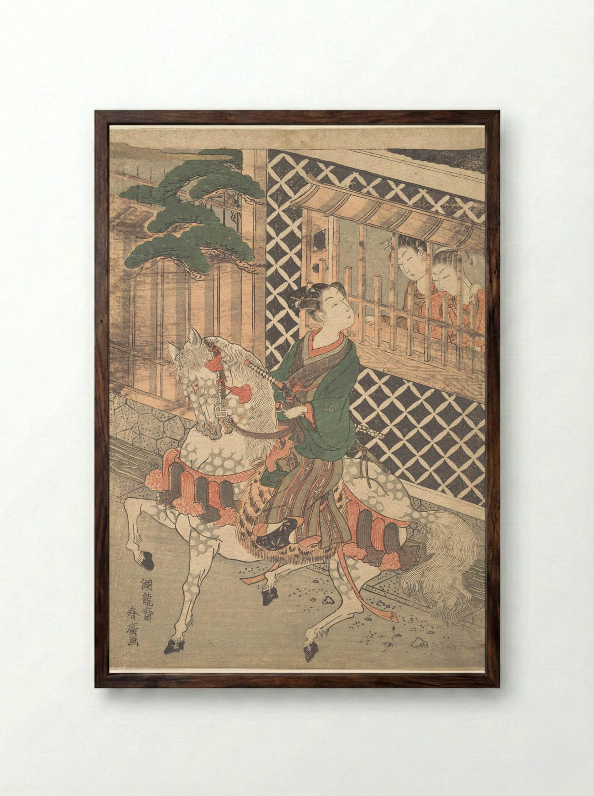 Young Samurai on Horseback and Women at a Window - Isoda Koryūsai - Framed Print Dark Wood