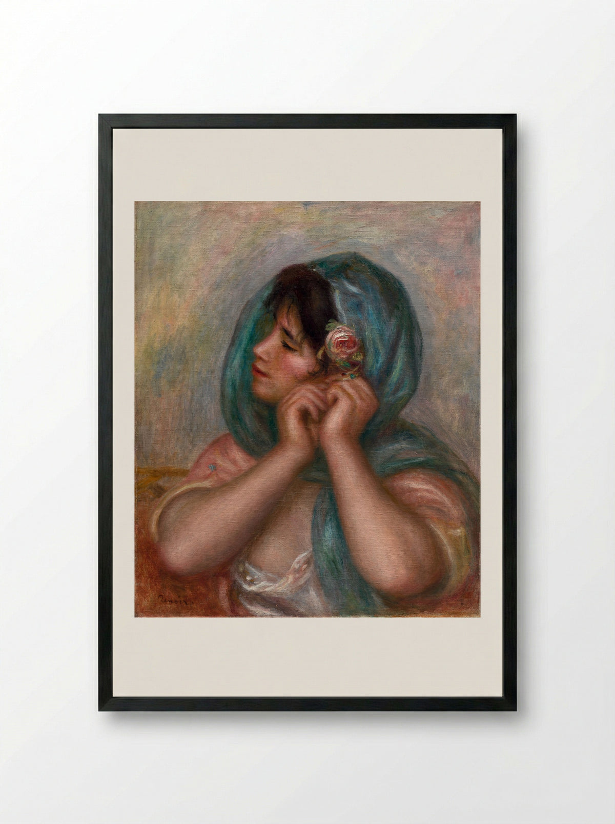 Young Woman Arranging Her Earring - Pierre-Auguste Renoir - Framed Print Black