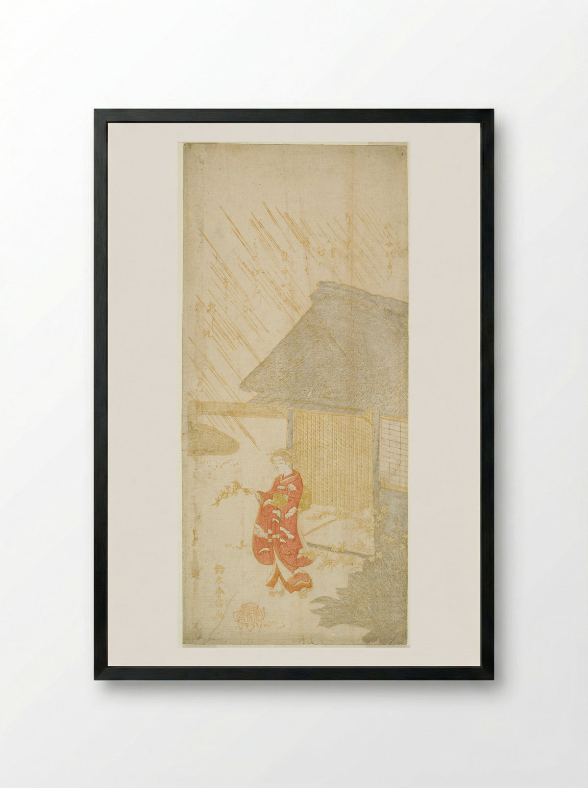 Young Woman Holding a Kerria Branch (parody of Ota Dokan) - Suzuki Harunobu - Framed Print Black