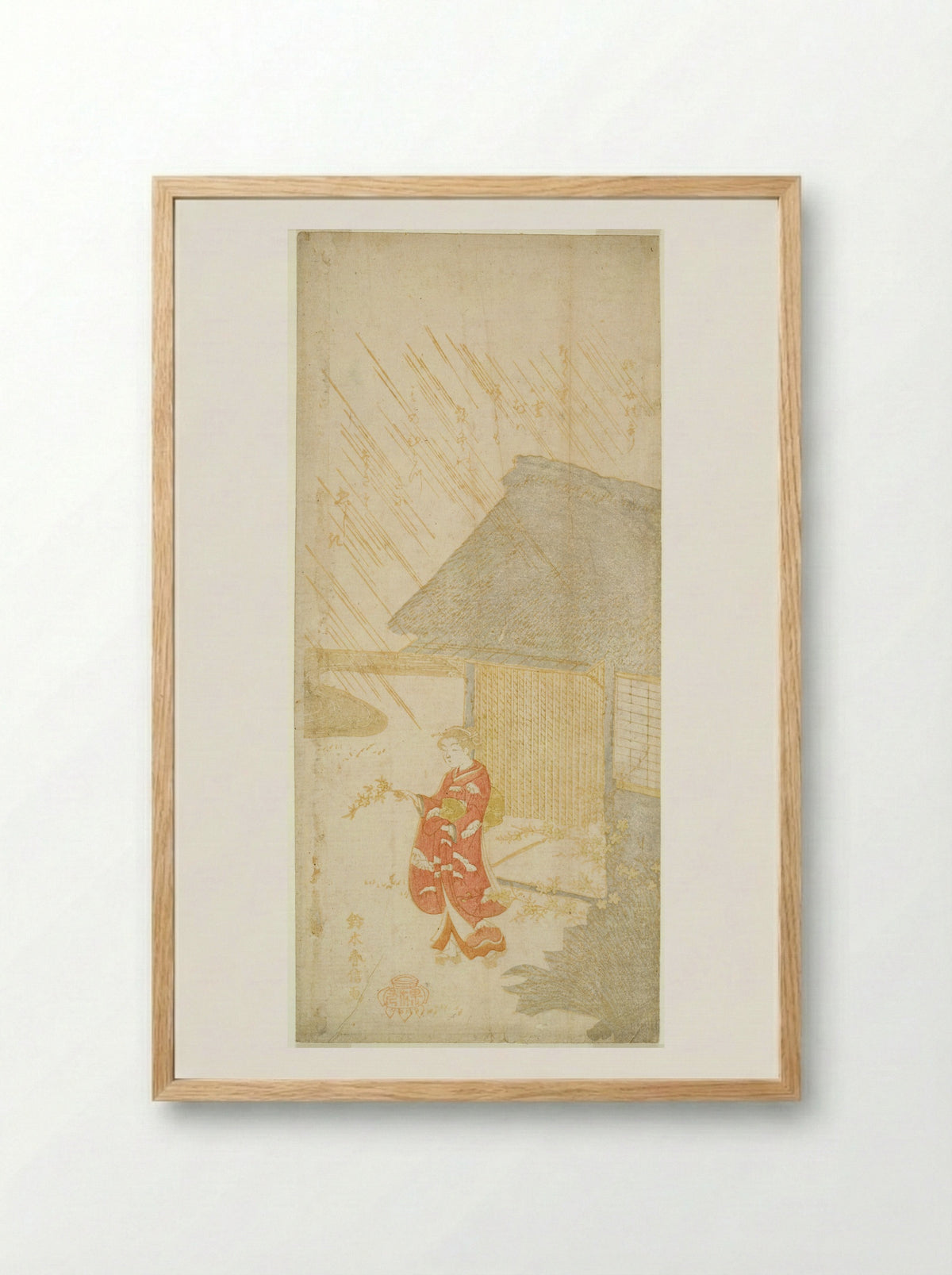 Young Woman Holding a Kerria Branch (parody of Ota Dokan) - Suzuki Harunobu - Framed Print Wood