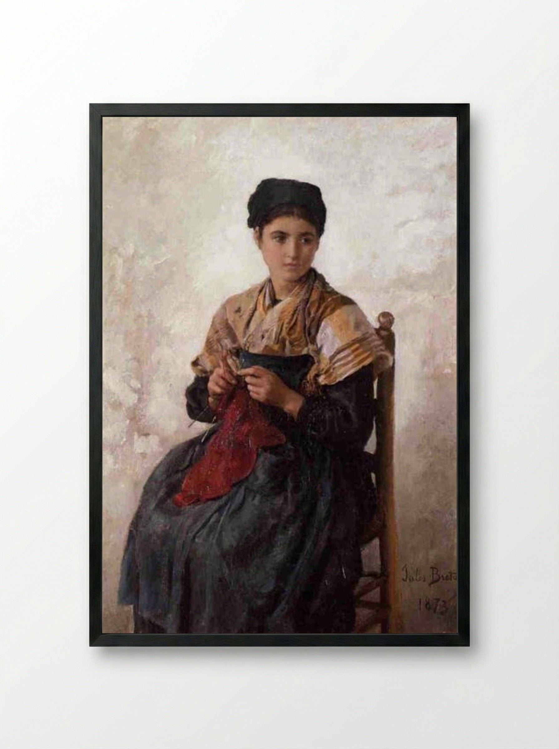 Young Woman Knitting - Jules Breton - Framed Print Black