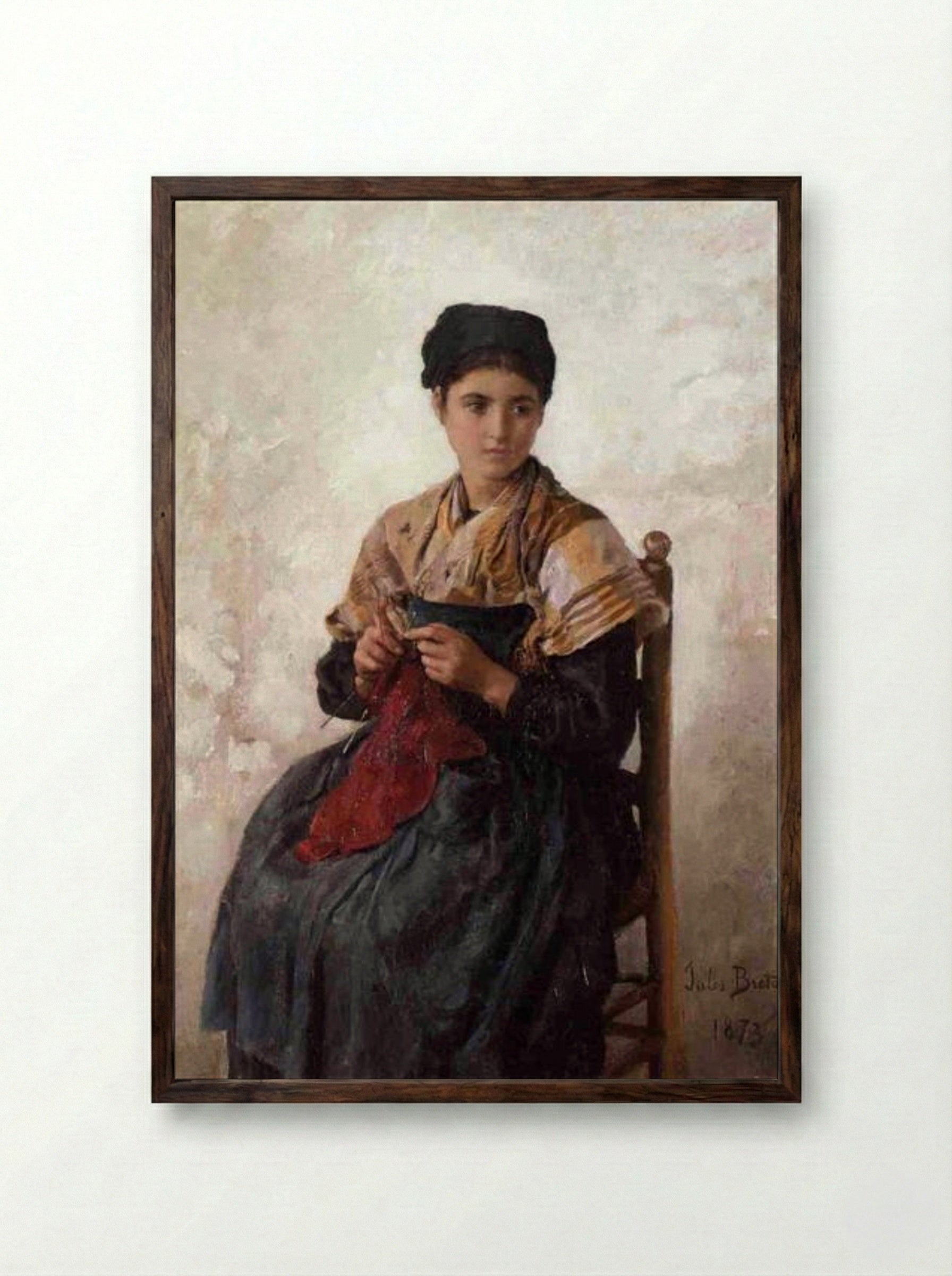 Young Woman Knitting - Jules Breton - Framed Print Dark Wood