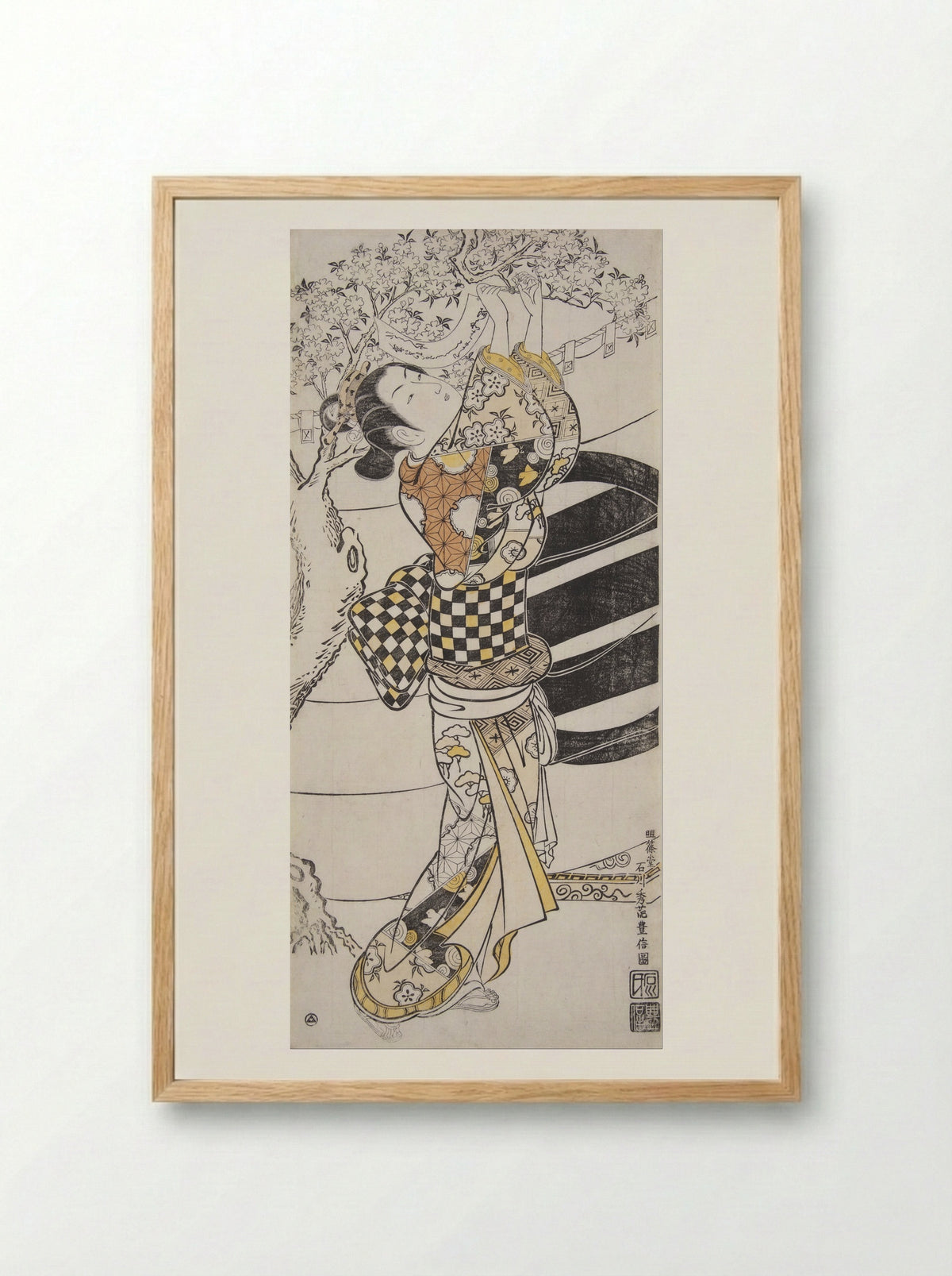 Young Woman Reading Tanzaku Tied to a Cherry Tree - Ishikawa Toyonobu - Framed Print Wood