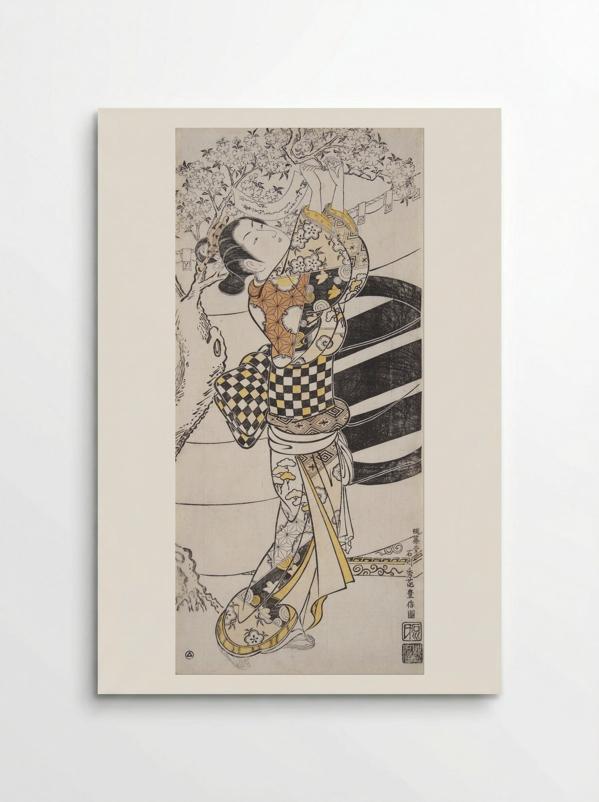 Young Woman Reading Tanzaku Tied to a Cherry Tree - Ishikawa Toyonobu - Poster