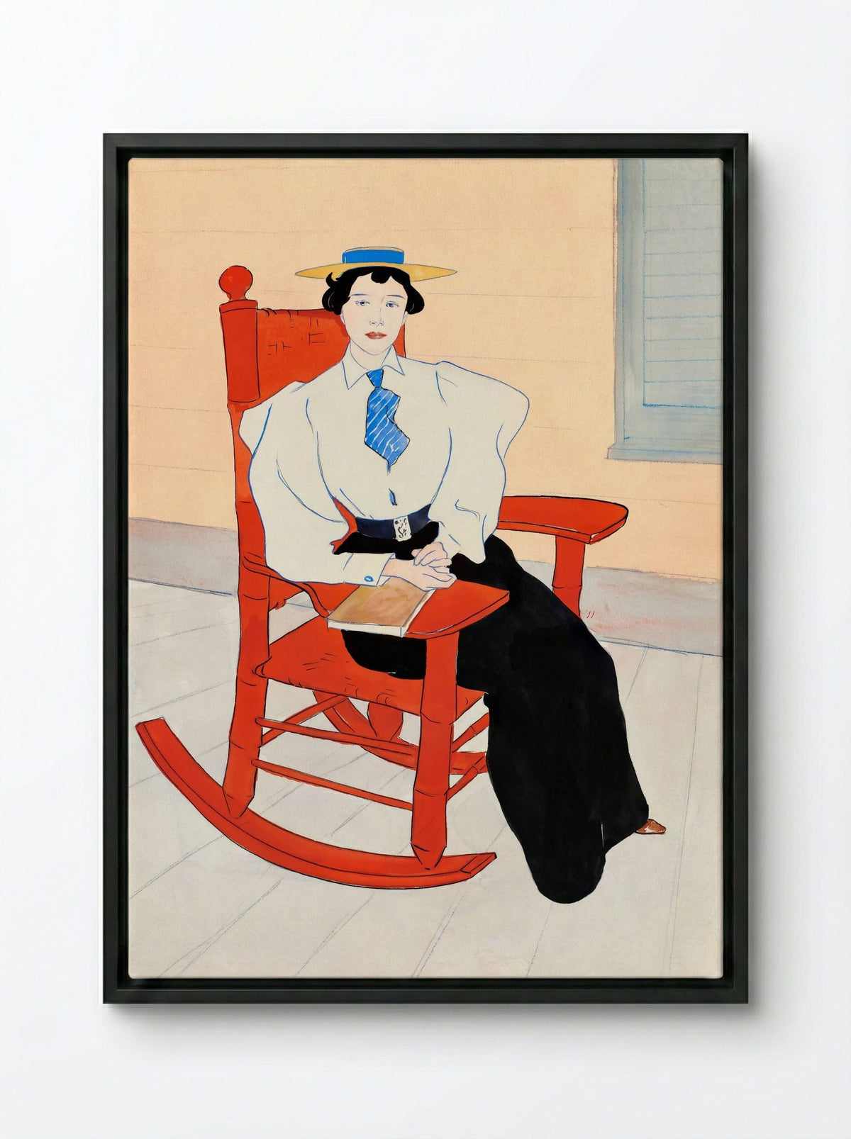 Young Woman Seated in a Red Rocking Chair - Edward Penfield - Framed Canvas Black