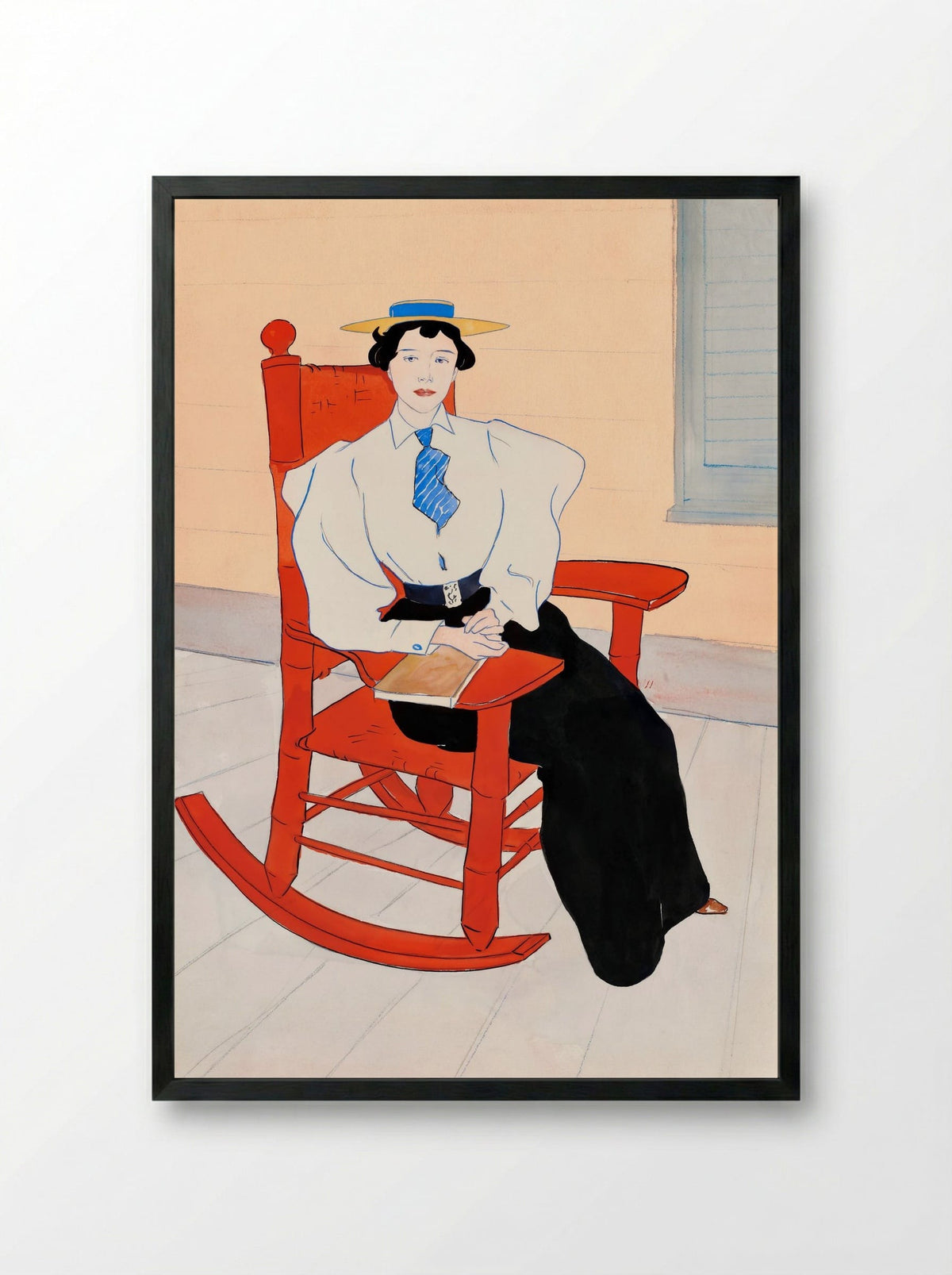 Young Woman Seated in a Red Rocking Chair - Edward Penfield - Framed Print Black