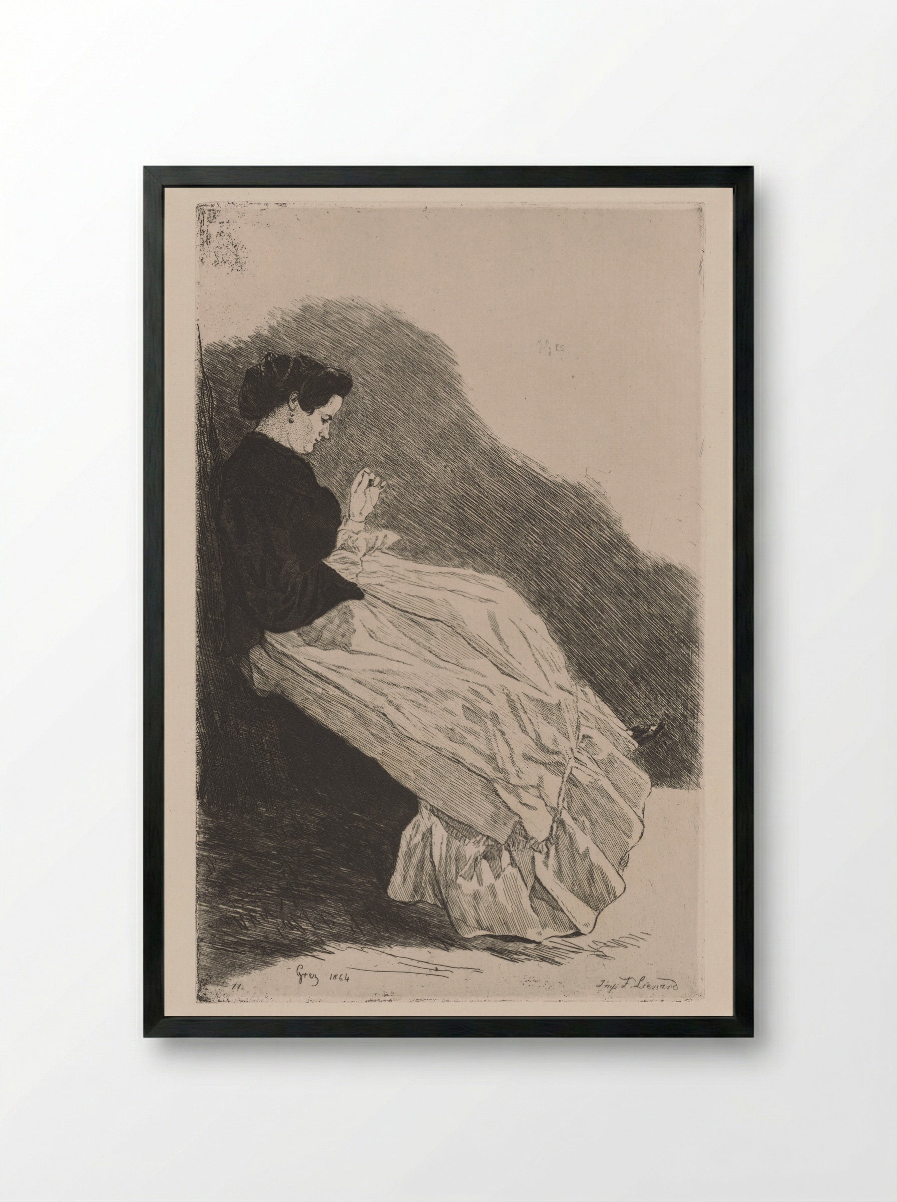 Young Woman Sewing - Jules de Goncourt - Framed Print Black
