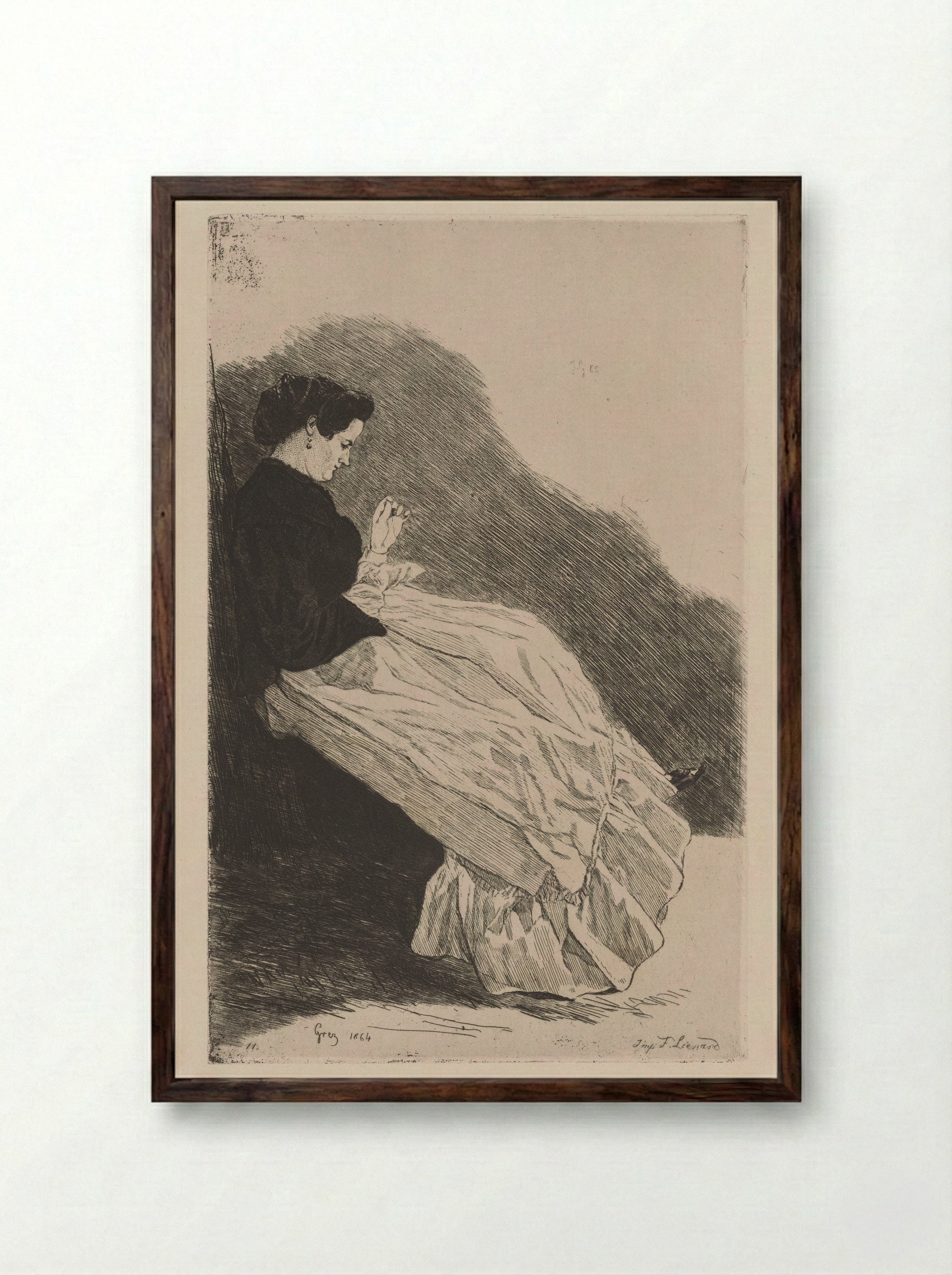 Young Woman Sewing - Jules de Goncourt - Framed Print Dark Wood