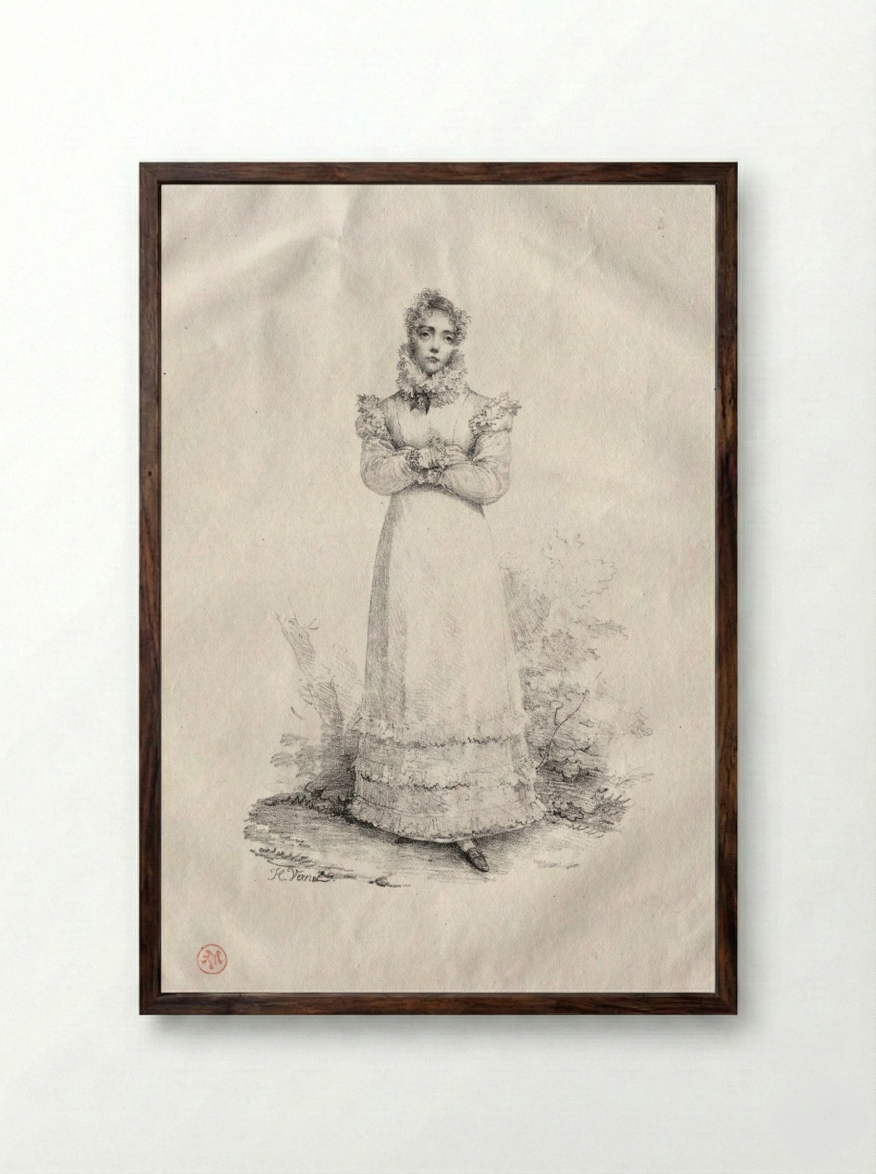 Young Woman Standing - Horace Vernet - Framed Print Dark Wood