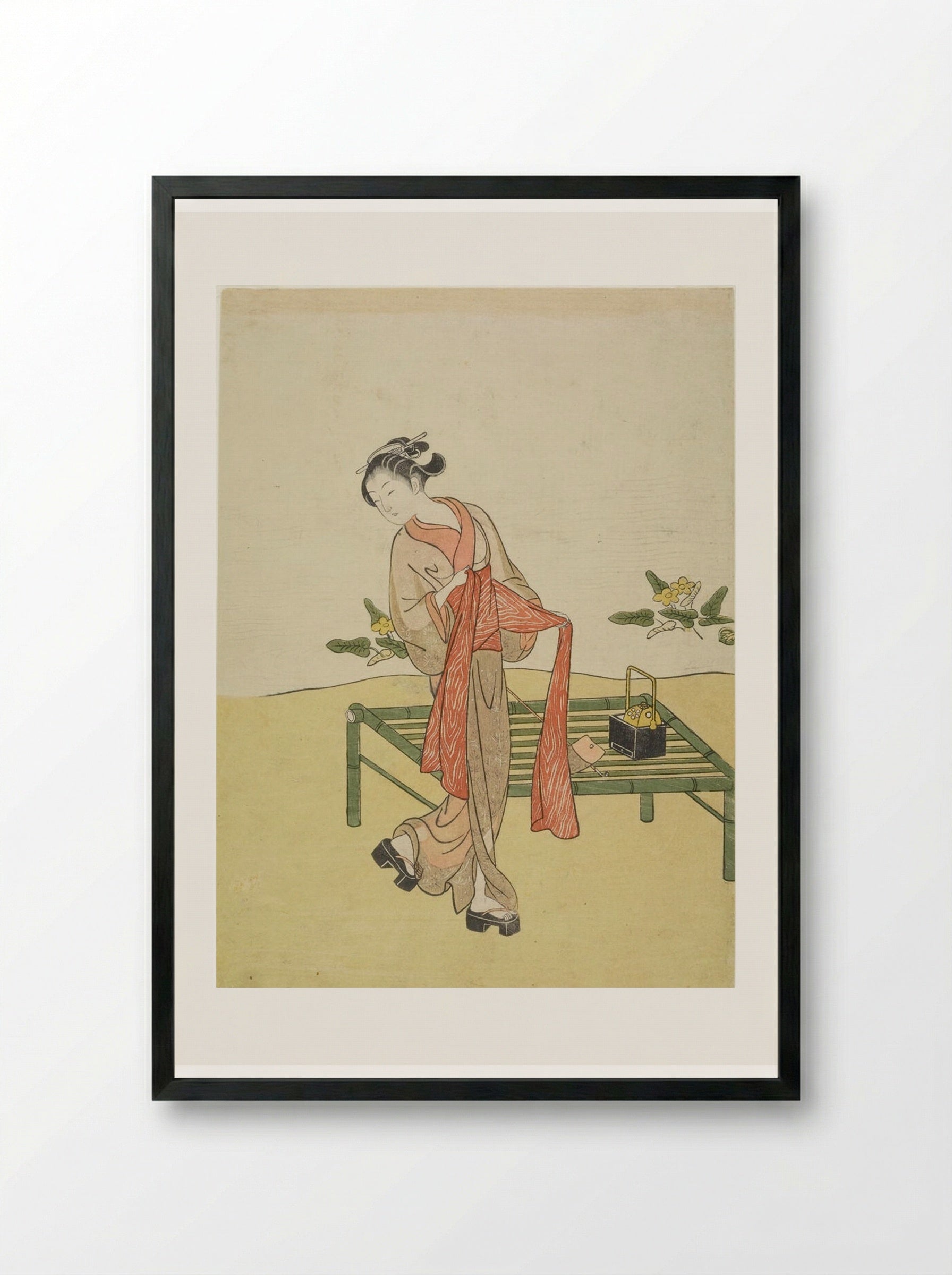 Young Woman Tying Obi Beside Bamboo Bench - Suzuki Harunobu - Framed Print Black