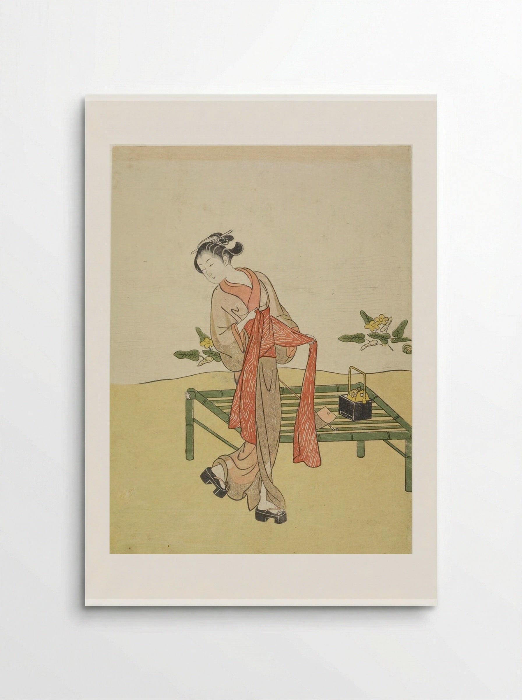 Young Woman Tying Obi Beside Bamboo Bench - Suzuki Harunobu - Poster