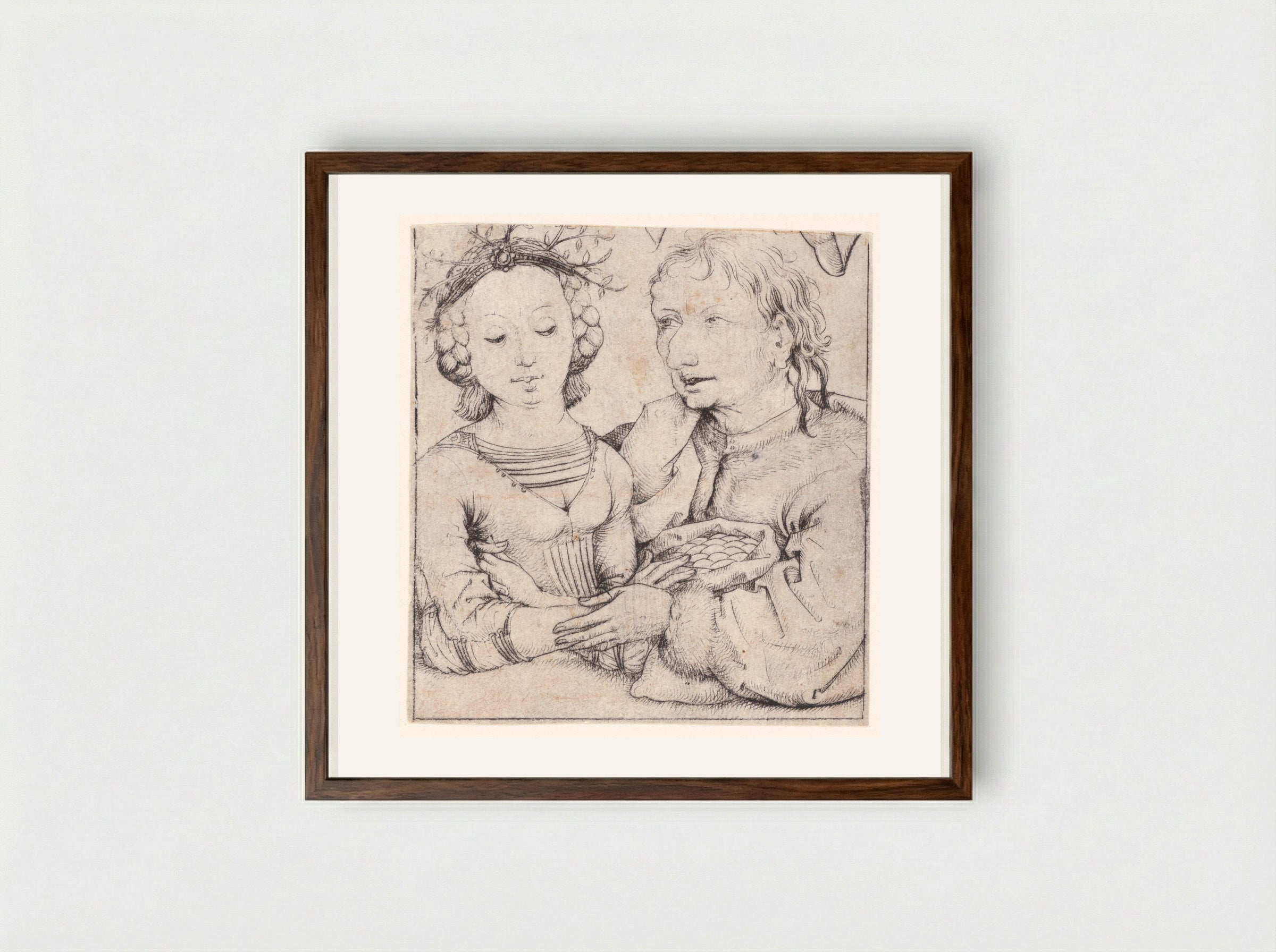 Young Woman and Old Man - Master of the Amsterdam Cabinet - Framed Print Dark Wood