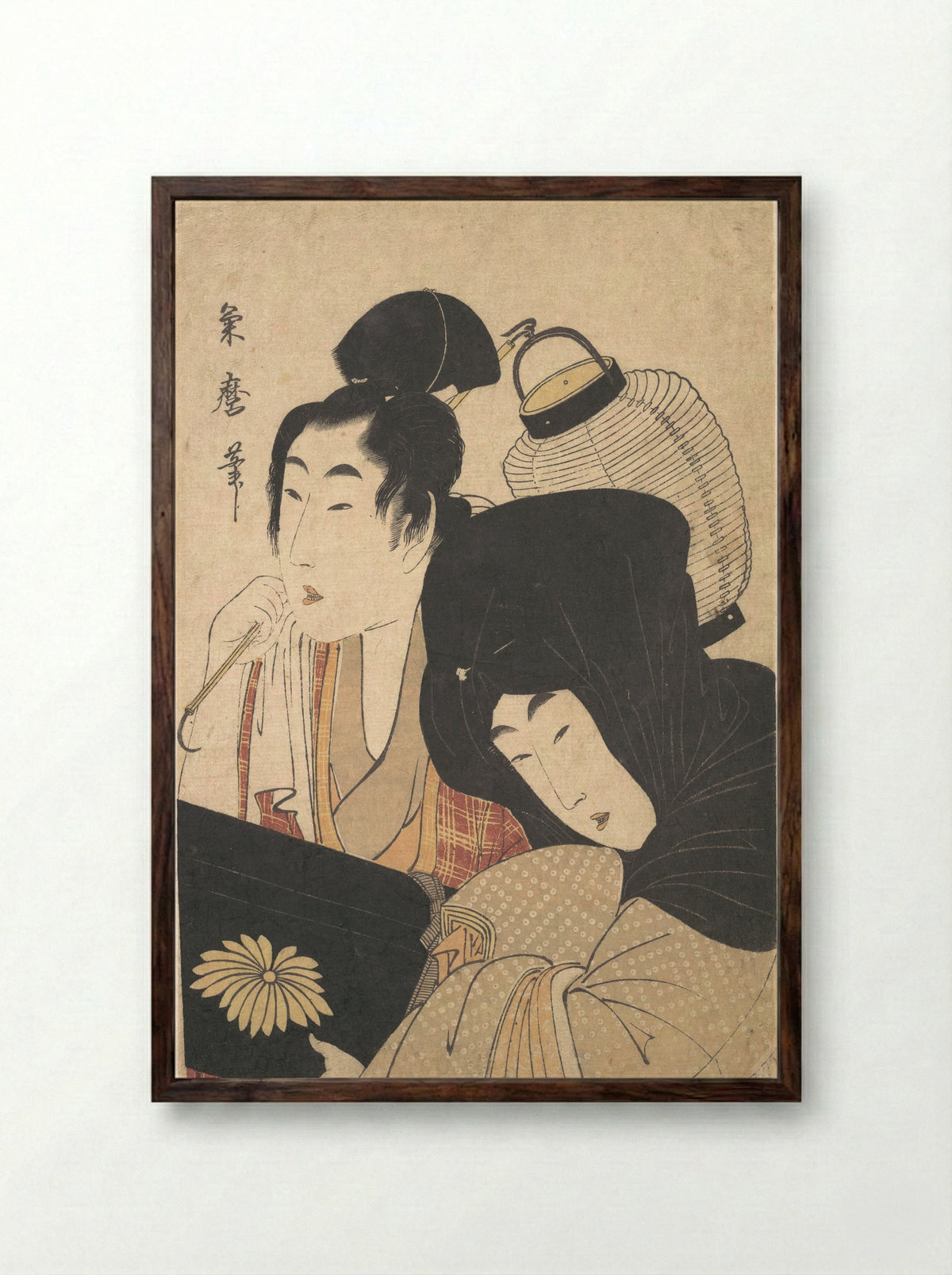 Young Woman at Night accompanied by a Servant Carrying a Lantern and a Shamisen Box - Kitagawa Kikumaro - Framed Print Dark Wood