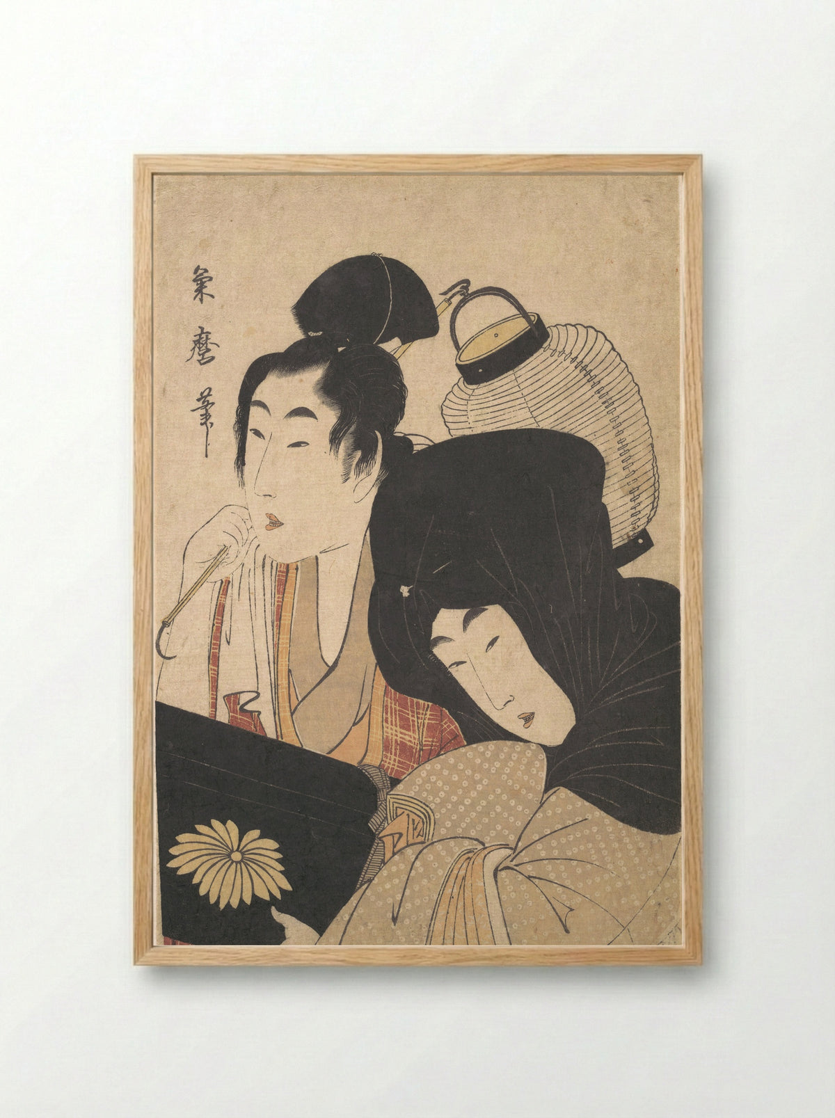 Young Woman at Night accompanied by a Servant Carrying a Lantern and a Shamisen Box - Kitagawa Kikumaro - Framed Print Wood
