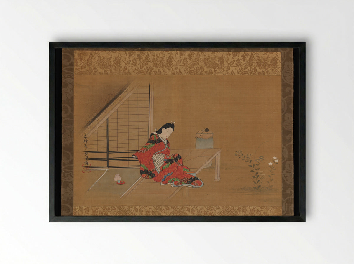 Young Woman on a Veranda - Furuyama Moroshige - Framed Print Black