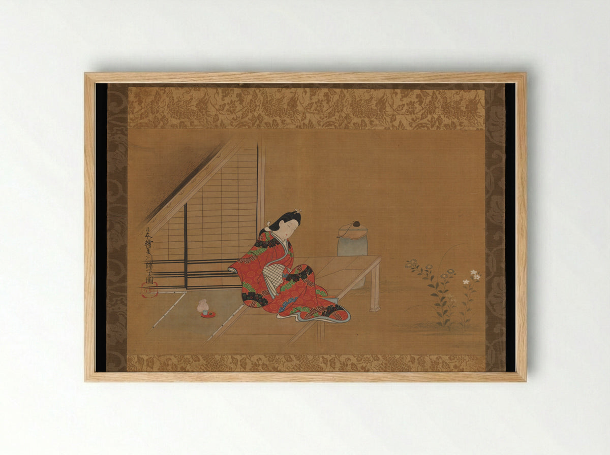 Young Woman on a Veranda - Furuyama Moroshige - Framed Print Wood