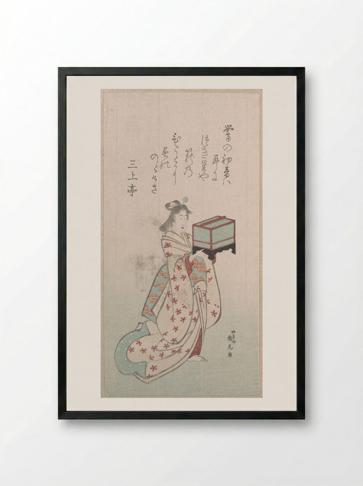 Young Woman with a Birdcage - Ryūgetsusai Shinkō - Framed Print Black