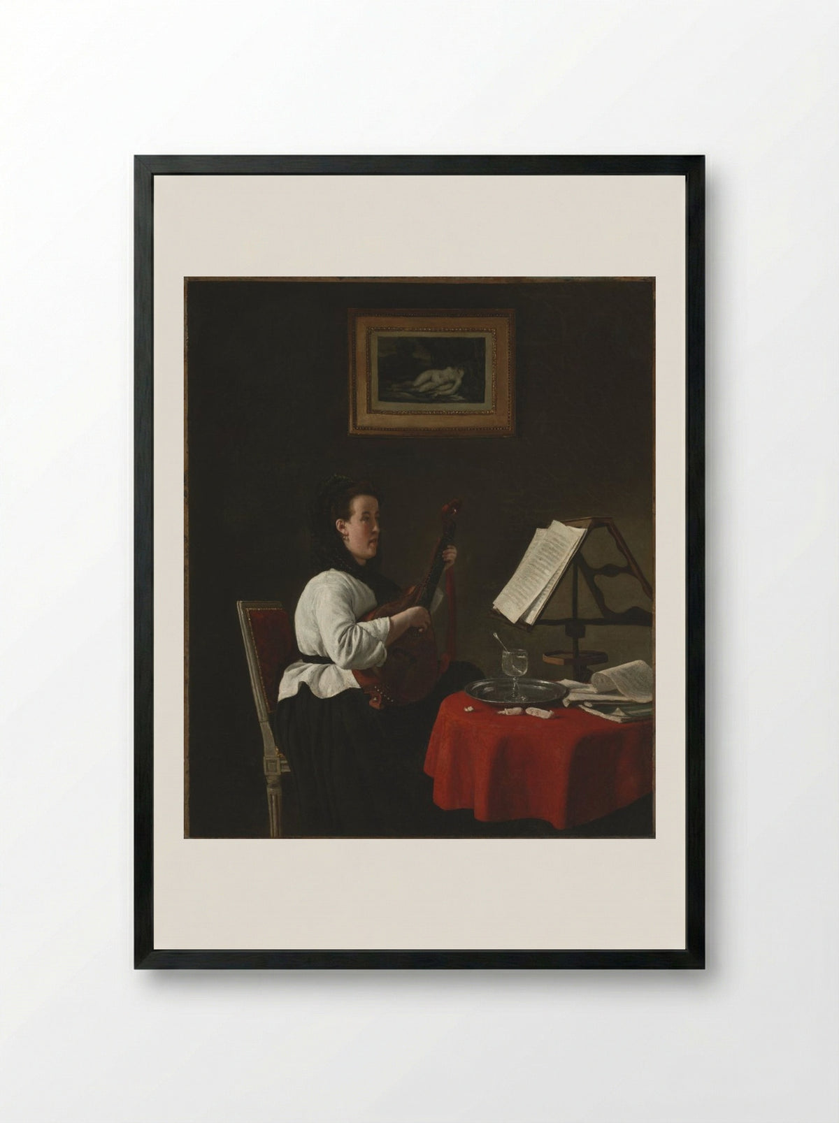 Young Woman with a Mandolin, Portrait of Louison Köhler - François Bonvin - Framed Print Black