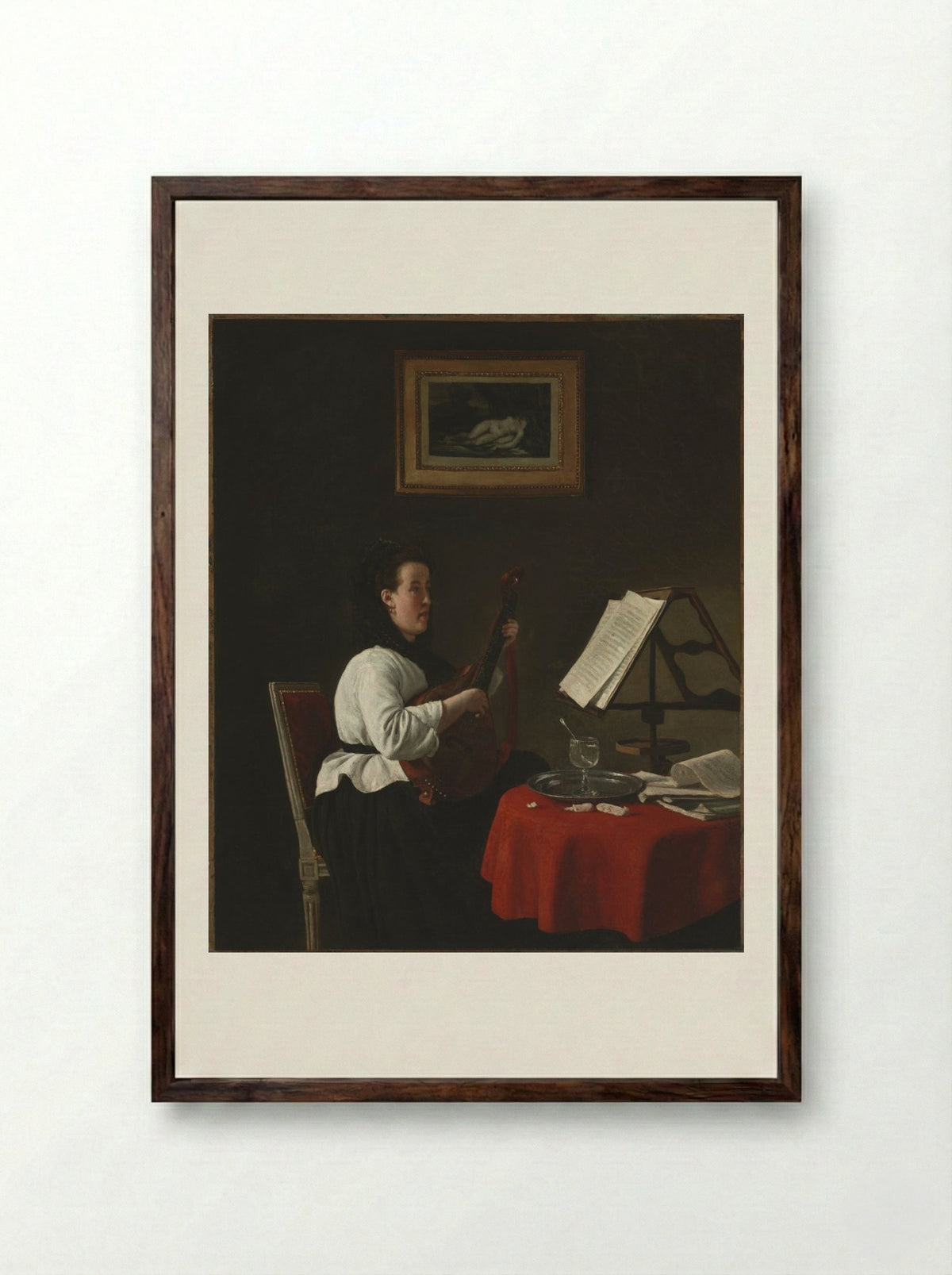 Young Woman with a Mandolin, Portrait of Louison Köhler - François Bonvin - Framed Print Dark Wood