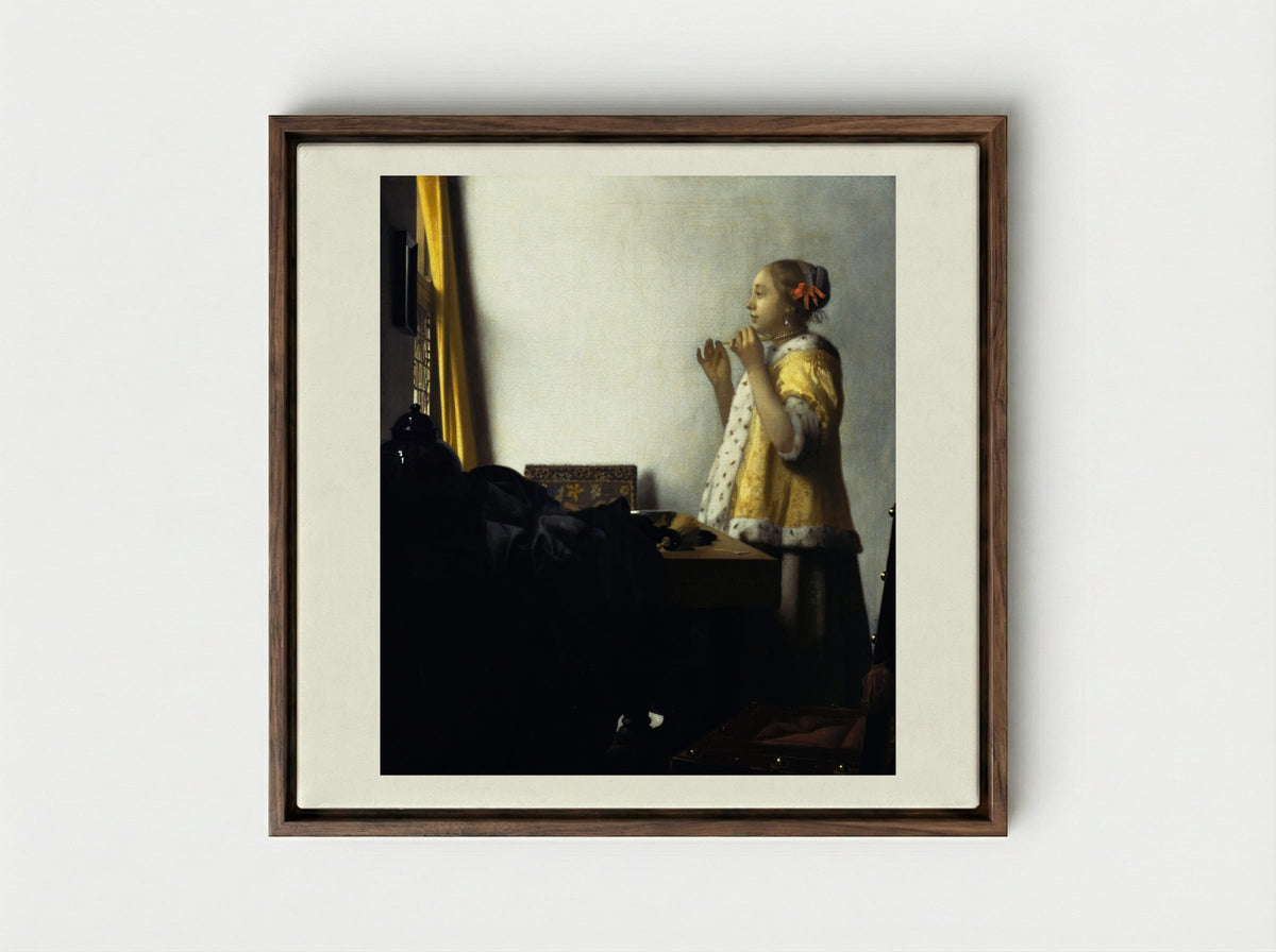 Young Woman with a Pearl Necklace - Johannes Vermeer - Framed Canvas Dark Wood