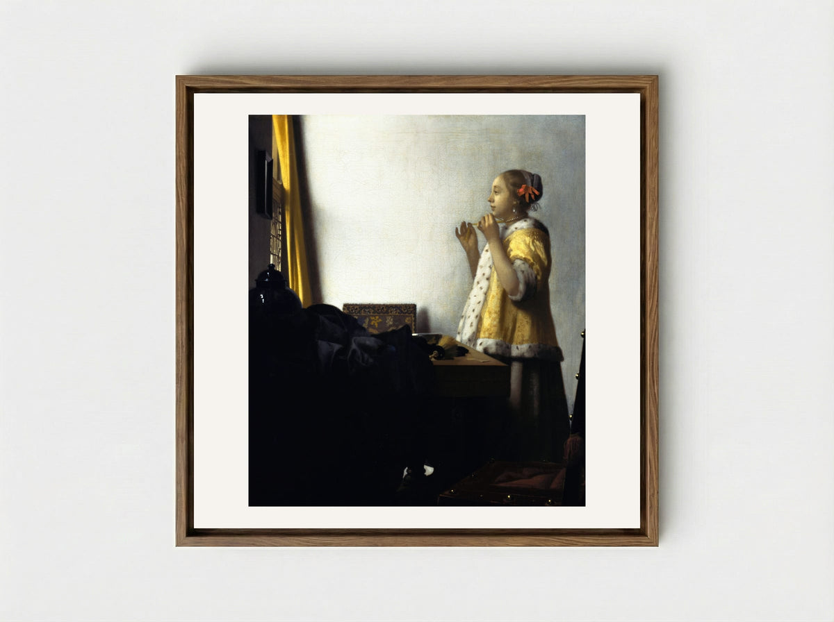 Young Woman with a Pearl Necklace - Johannes Vermeer - Framed Canvas Wood