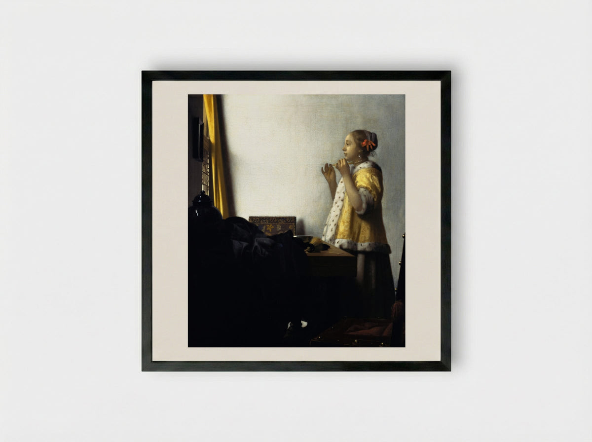 Young Woman with a Pearl Necklace - Johannes Vermeer - Framed Print Black