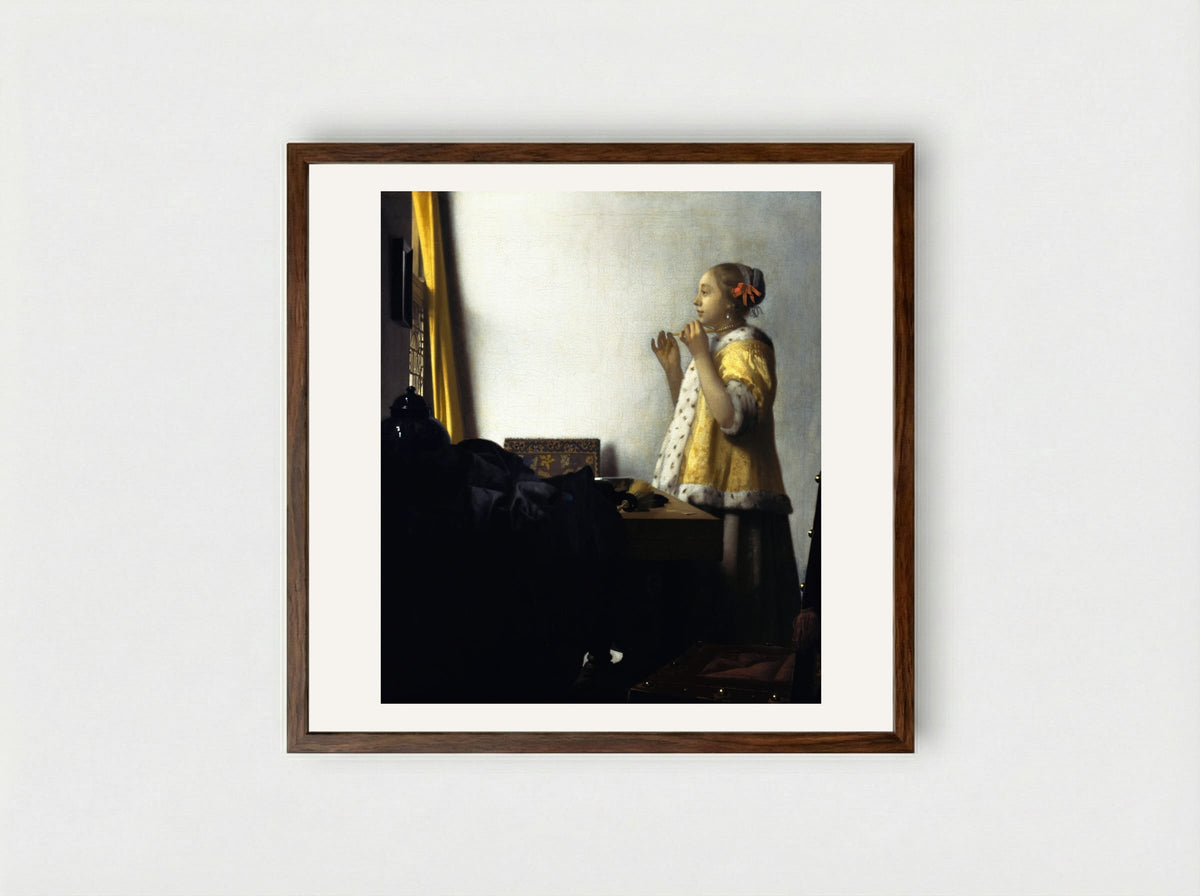Young Woman with a Pearl Necklace - Johannes Vermeer - Framed Print Dark Wood