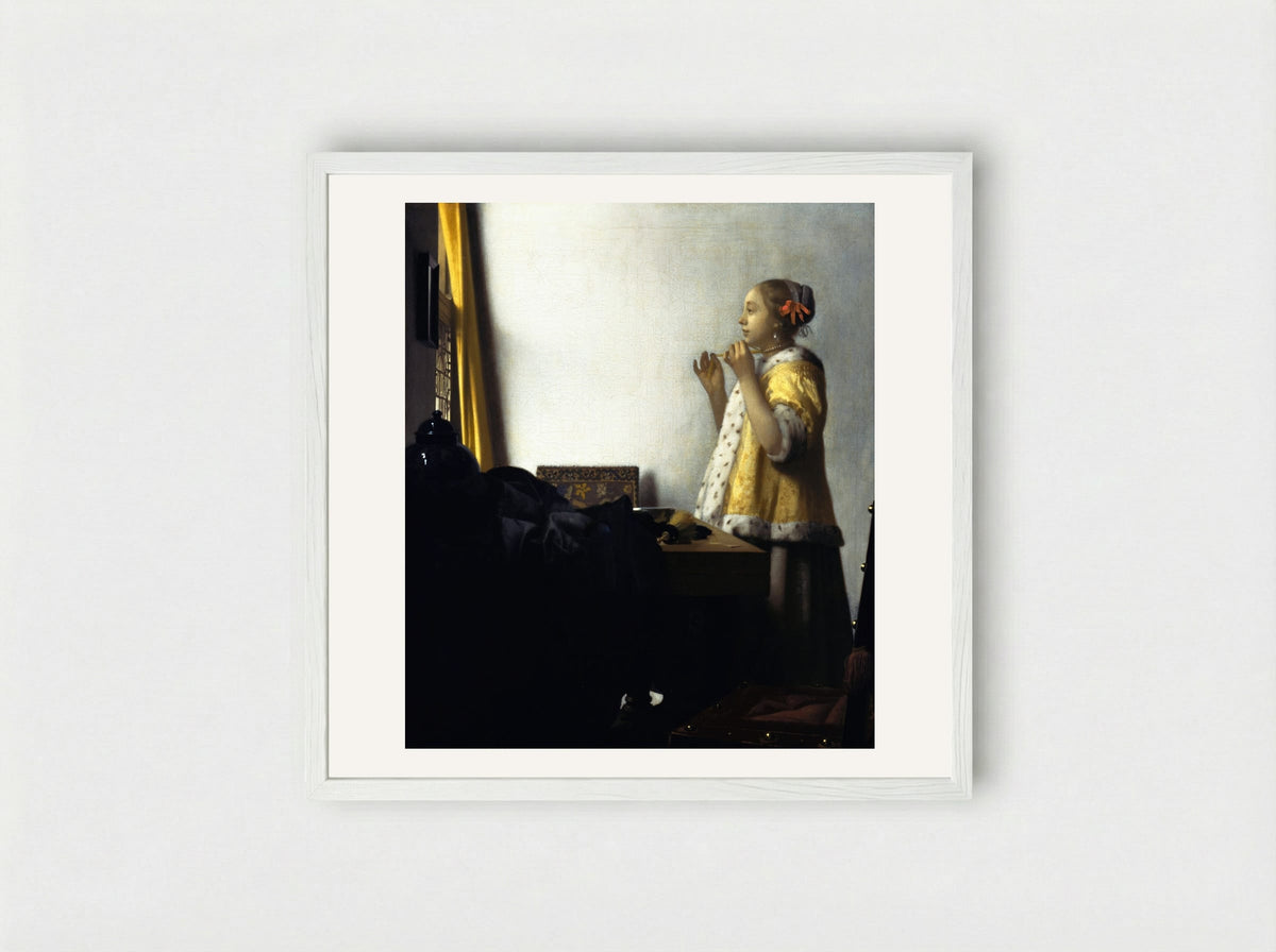 Young Woman with a Pearl Necklace - Johannes Vermeer - Framed Print White