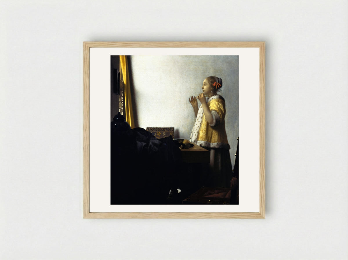 Young Woman with a Pearl Necklace - Johannes Vermeer - Framed Print Wood