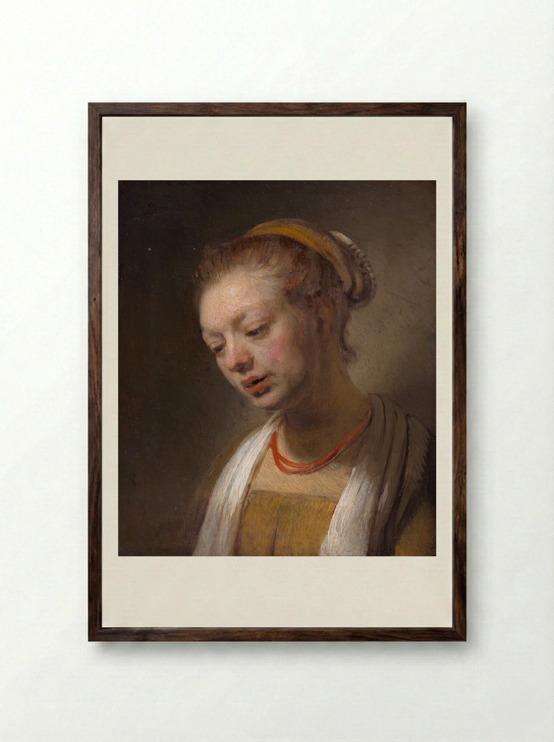 Young Woman with a Red Necklace - Rembrandt van Rijn - Framed Print Dark Wood