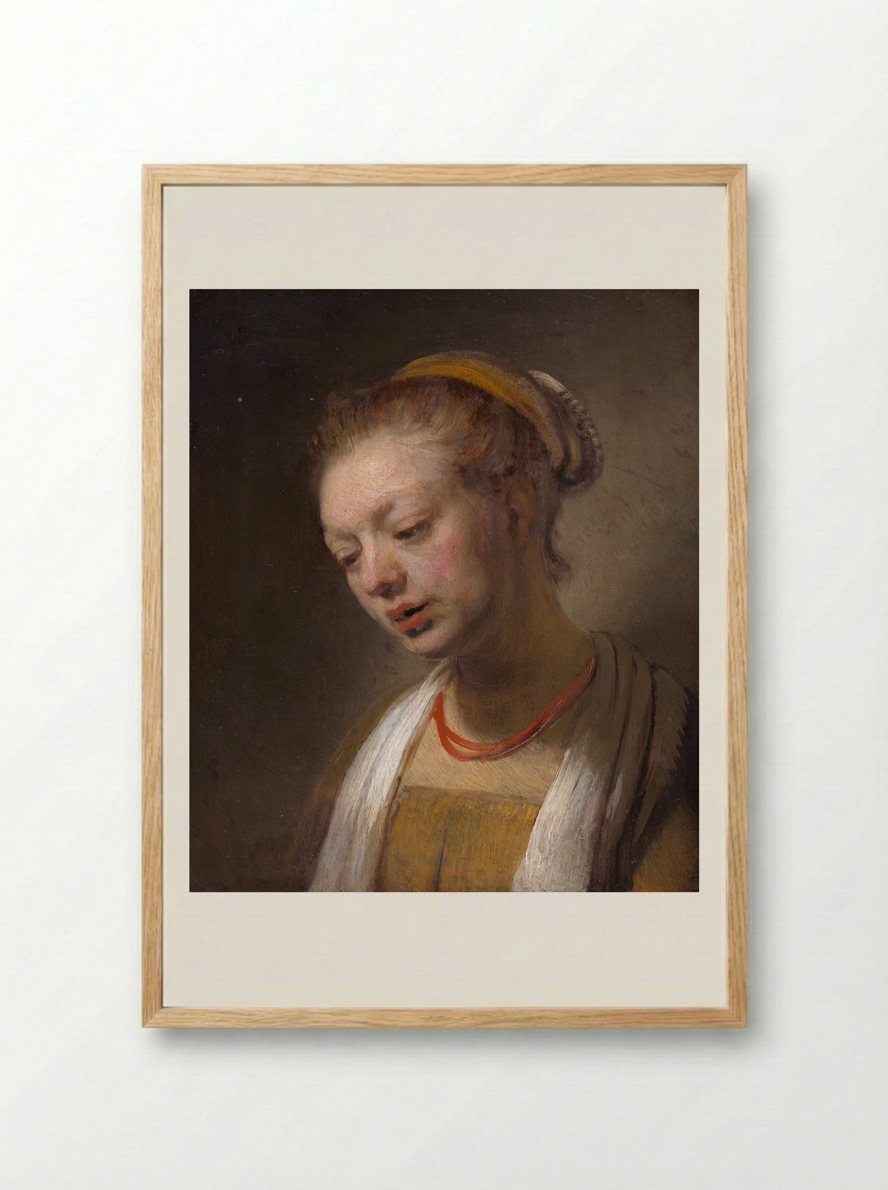 Young Woman with a Red Necklace - Rembrandt van Rijn - Framed Print Wood