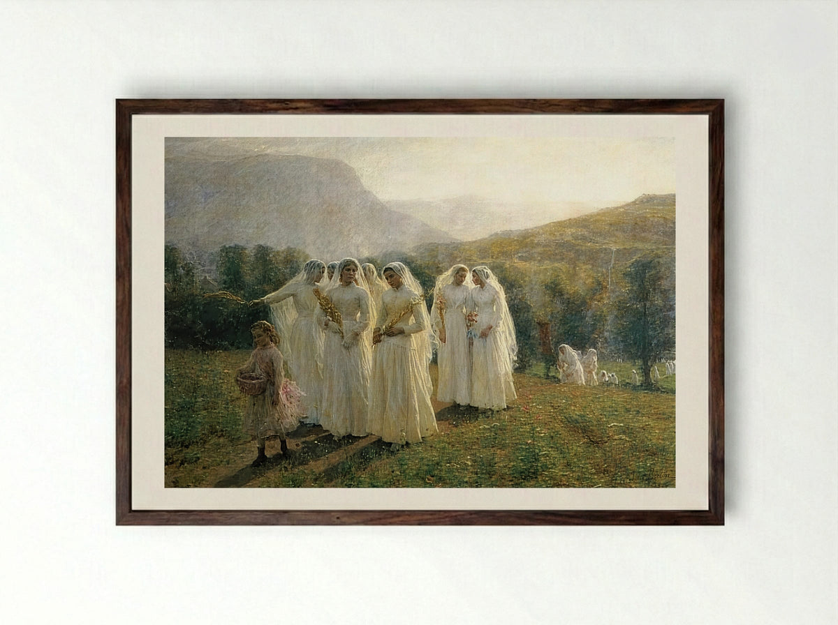 Young Women Going to a Procession - Jules Breton - Framed Print Dark Wood