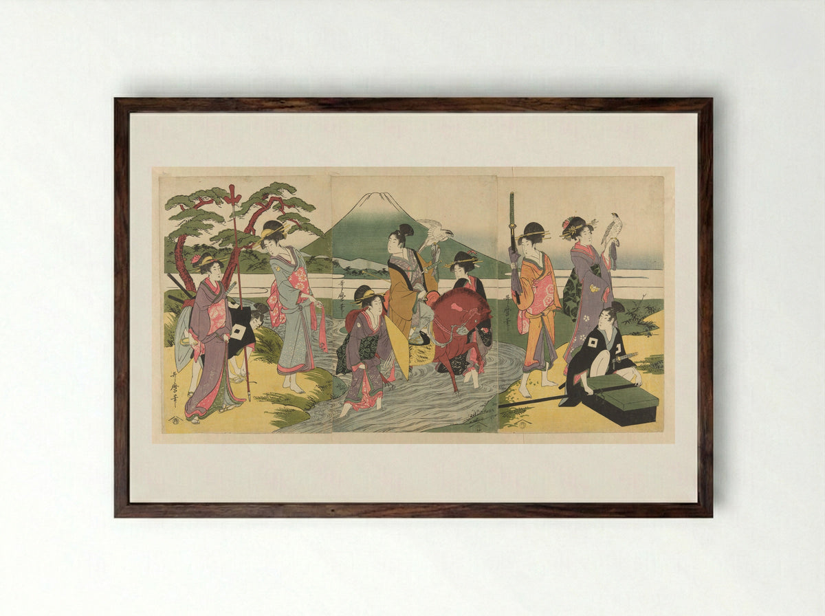 Young man and his party crossing a stream before Mt. Fuji - Kitagawa Utamaro - Framed Print Dark Wood