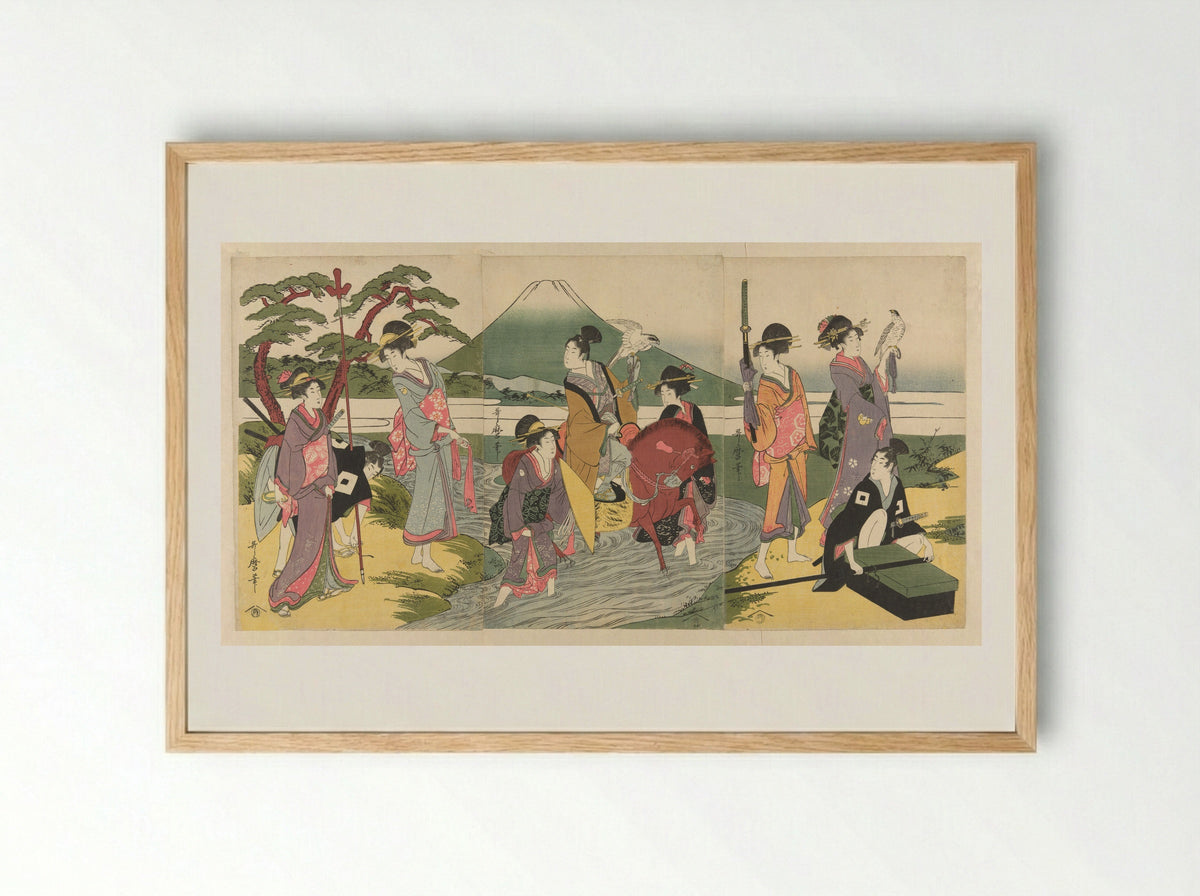 Young man and his party crossing a stream before Mt. Fuji - Kitagawa Utamaro - Framed Print Wood