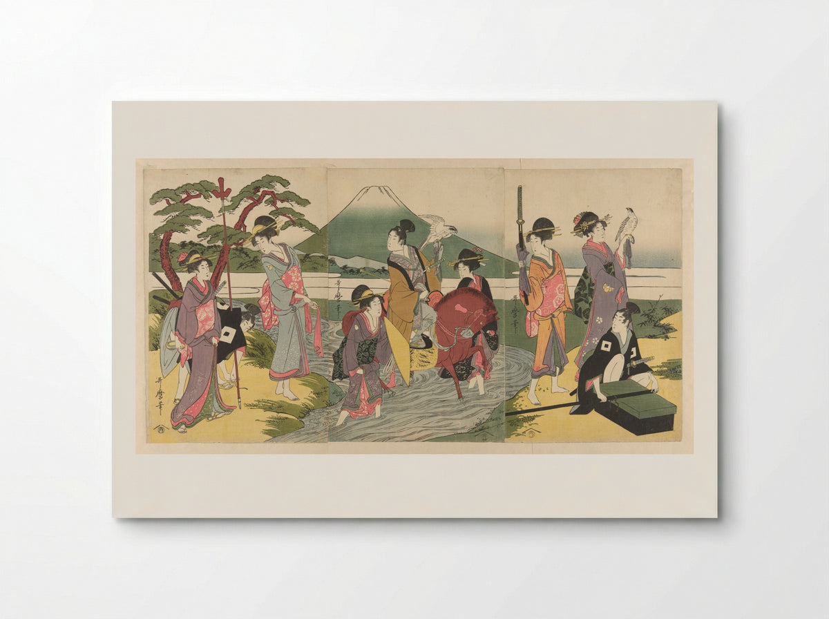 Young man and his party crossing a stream before Mt. Fuji - Kitagawa Utamaro - Poster