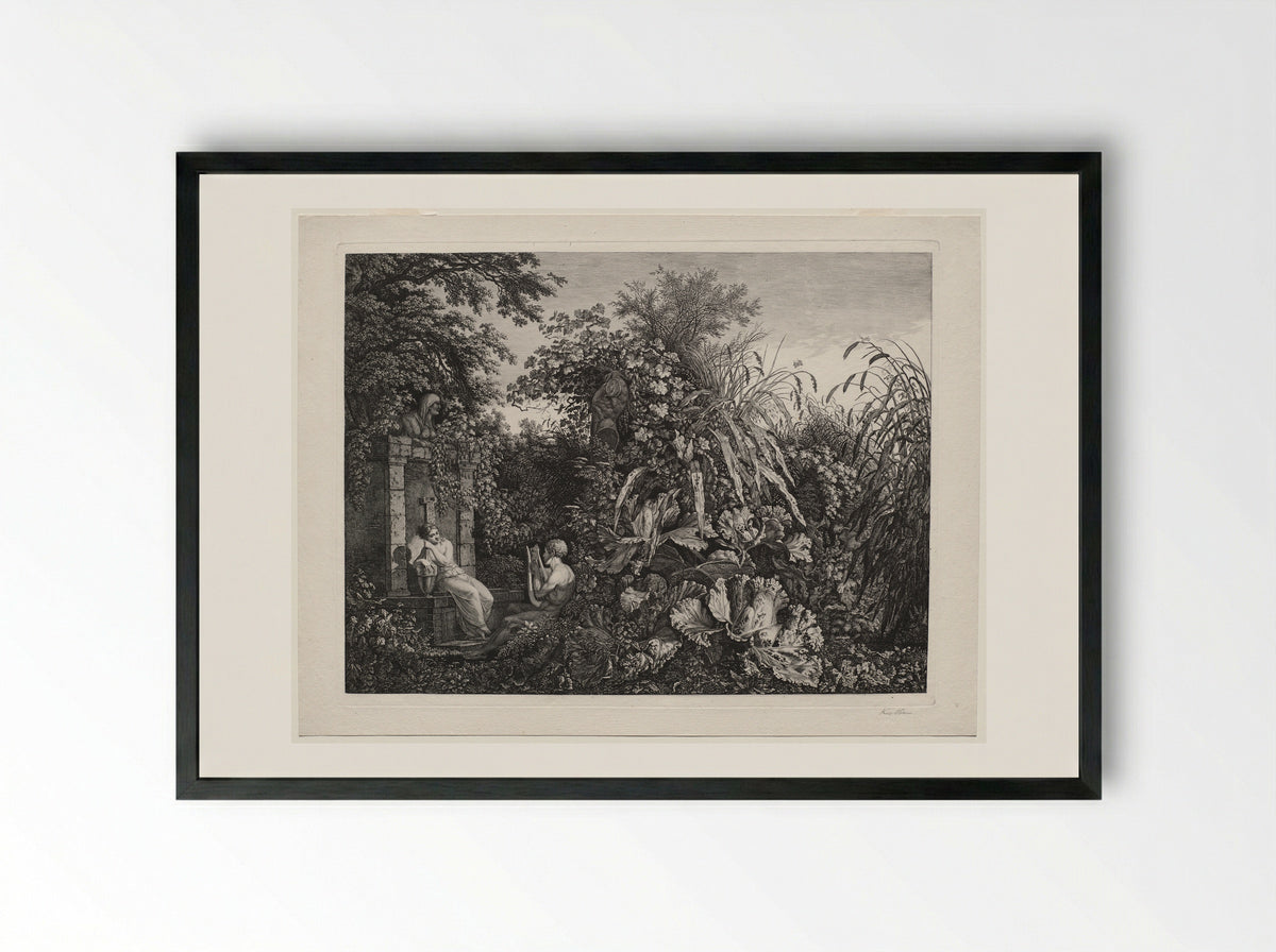 Youth Playing a Lyre to a Maiden by a Fountain - Carl Wilhelm I Kolbe - Framed Print Black