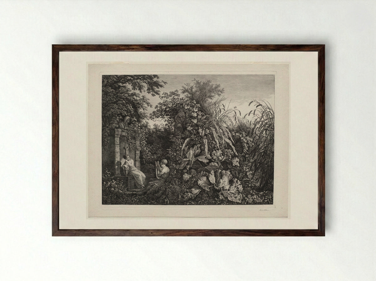 Youth Playing a Lyre to a Maiden by a Fountain - Carl Wilhelm I Kolbe - Framed Print Dark Wood