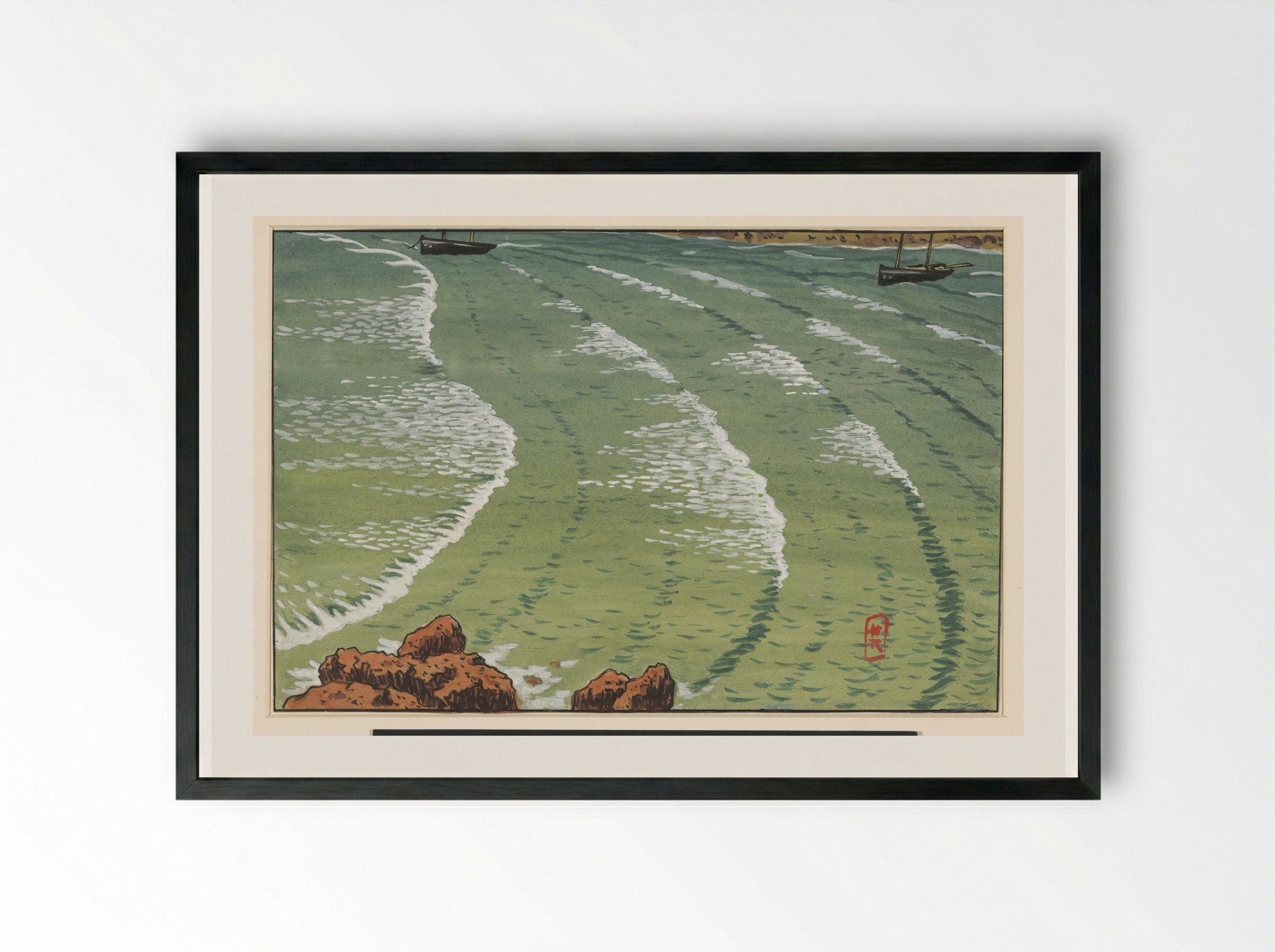Zee, in een baai, met schepen voor de rotsige kust - Henri Rivière - Framed Print Black