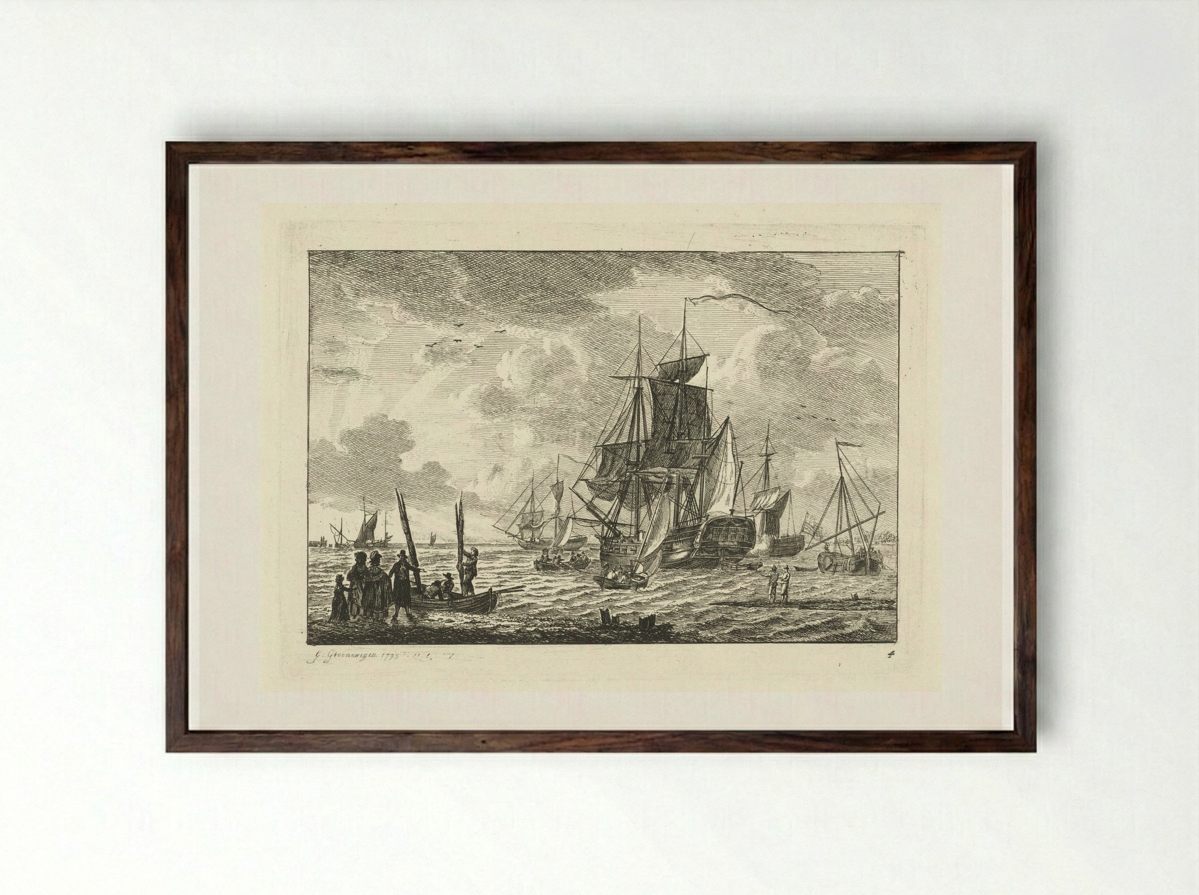 Zeegezicht met diverse schepen - Gerrit Groenewegen - Framed Print Dark Wood