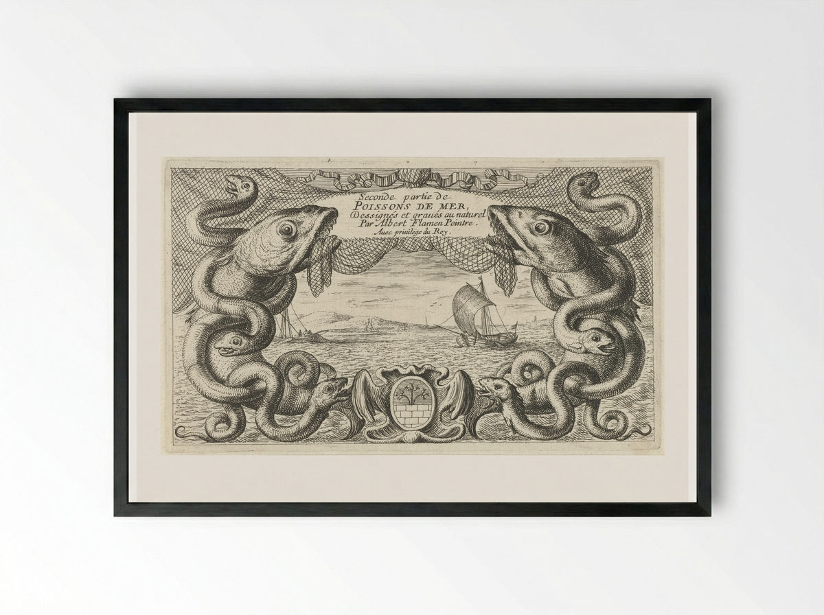 Zeegezicht met rand van zeedieren en een visnet - Jacques van Merlen - Framed Print Black
