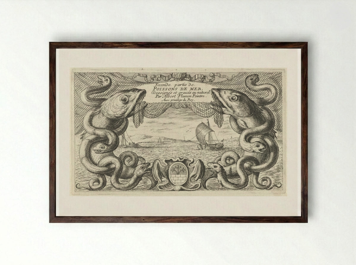 Zeegezicht met rand van zeedieren en een visnet - Jacques van Merlen - Framed Print Dark Wood