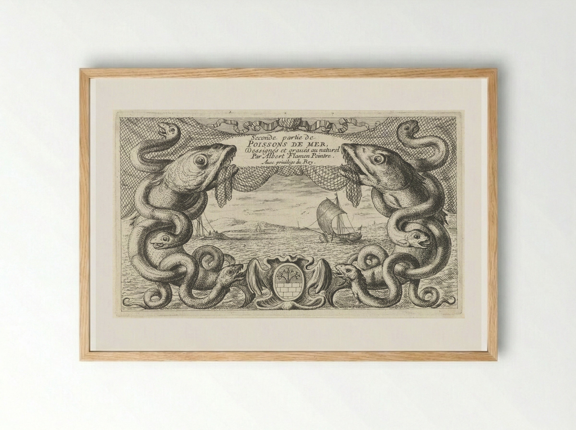 Zeegezicht met rand van zeedieren en een visnet - Jacques van Merlen - Framed Print Wood