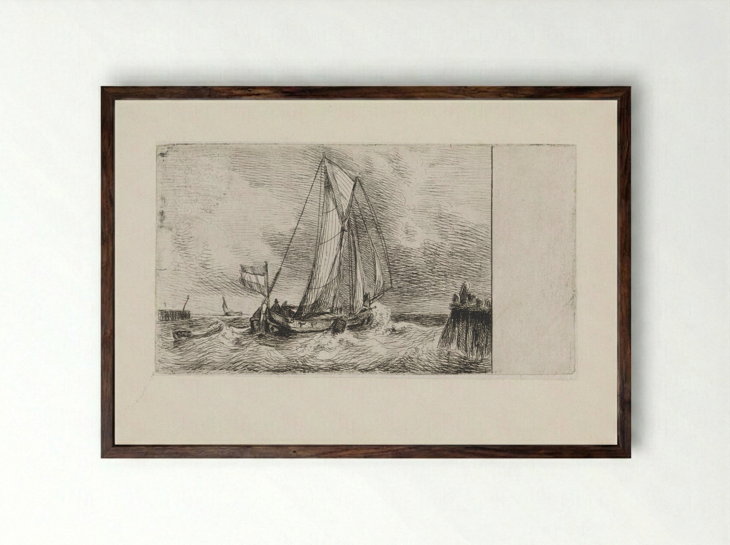 Zeegezicht met schip - Petrus Johannes Schotel - Framed Print Dark Wood
